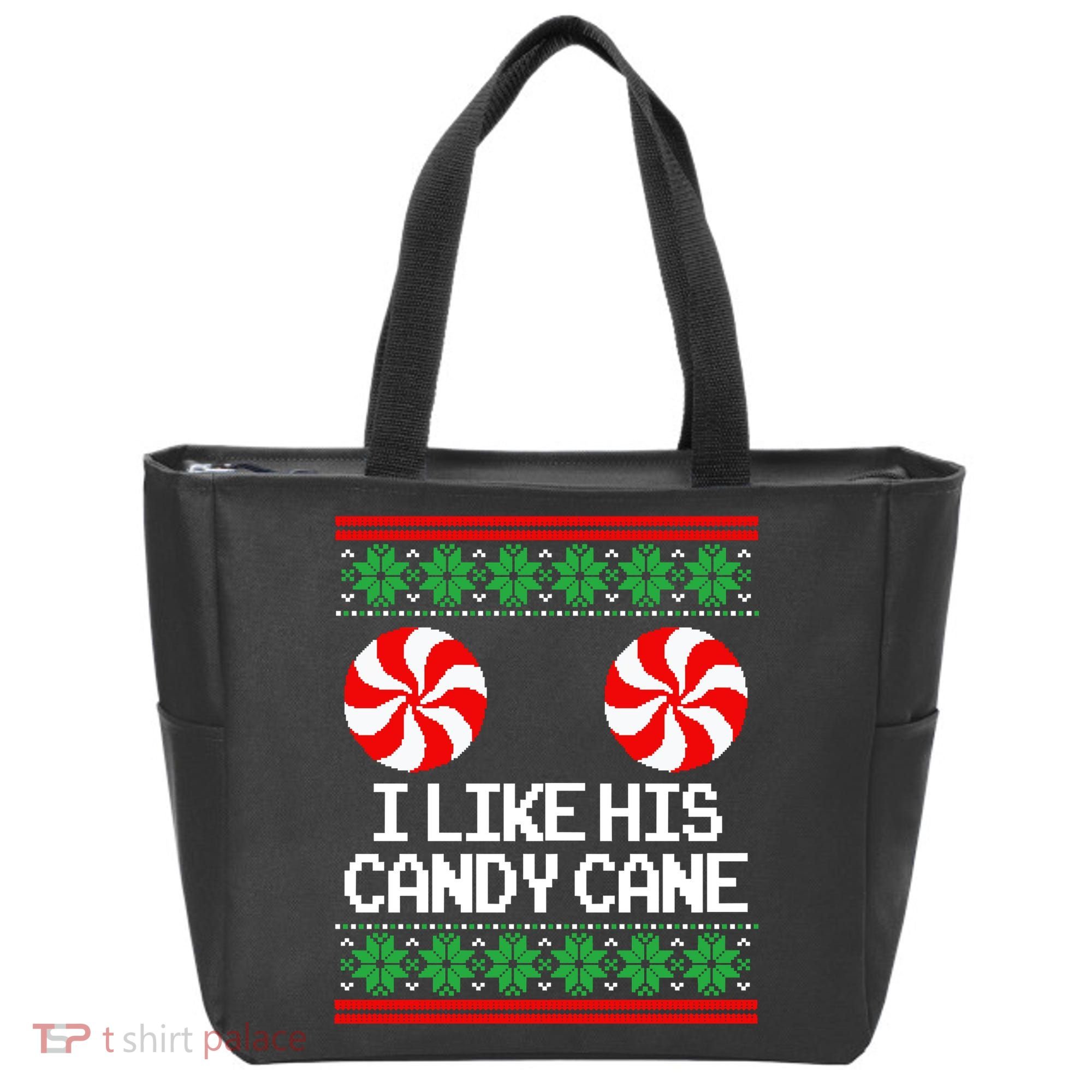 I Like His Candy Cane Christmas Sweater Couples Matching Tote Bag