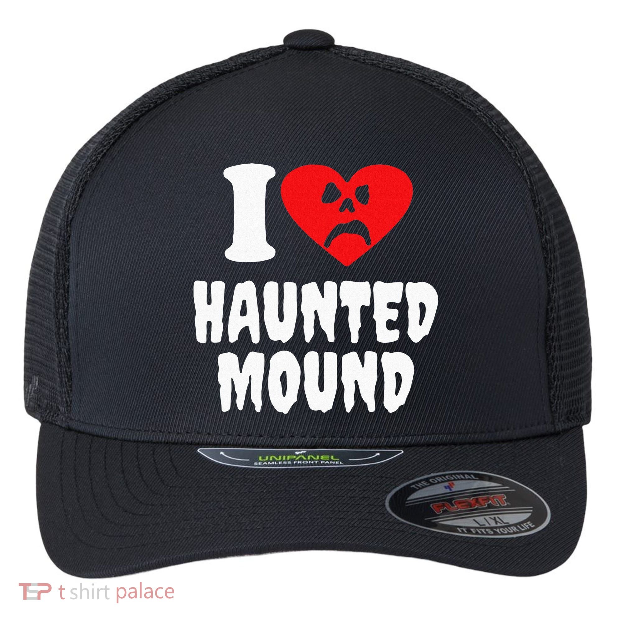I Love Haunted Mound Flexfit Unipanel Trucker Cap
