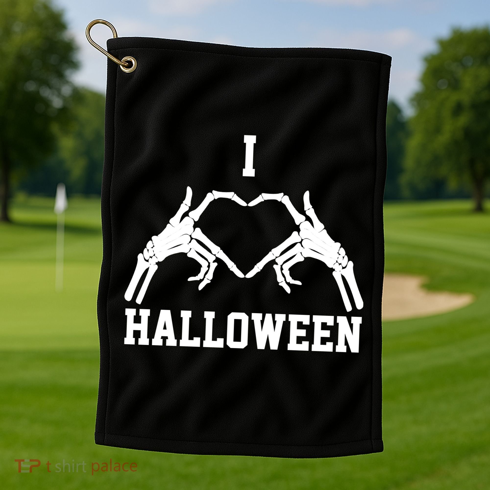 I Love Halloween Skeleton Heart Golf Towel
