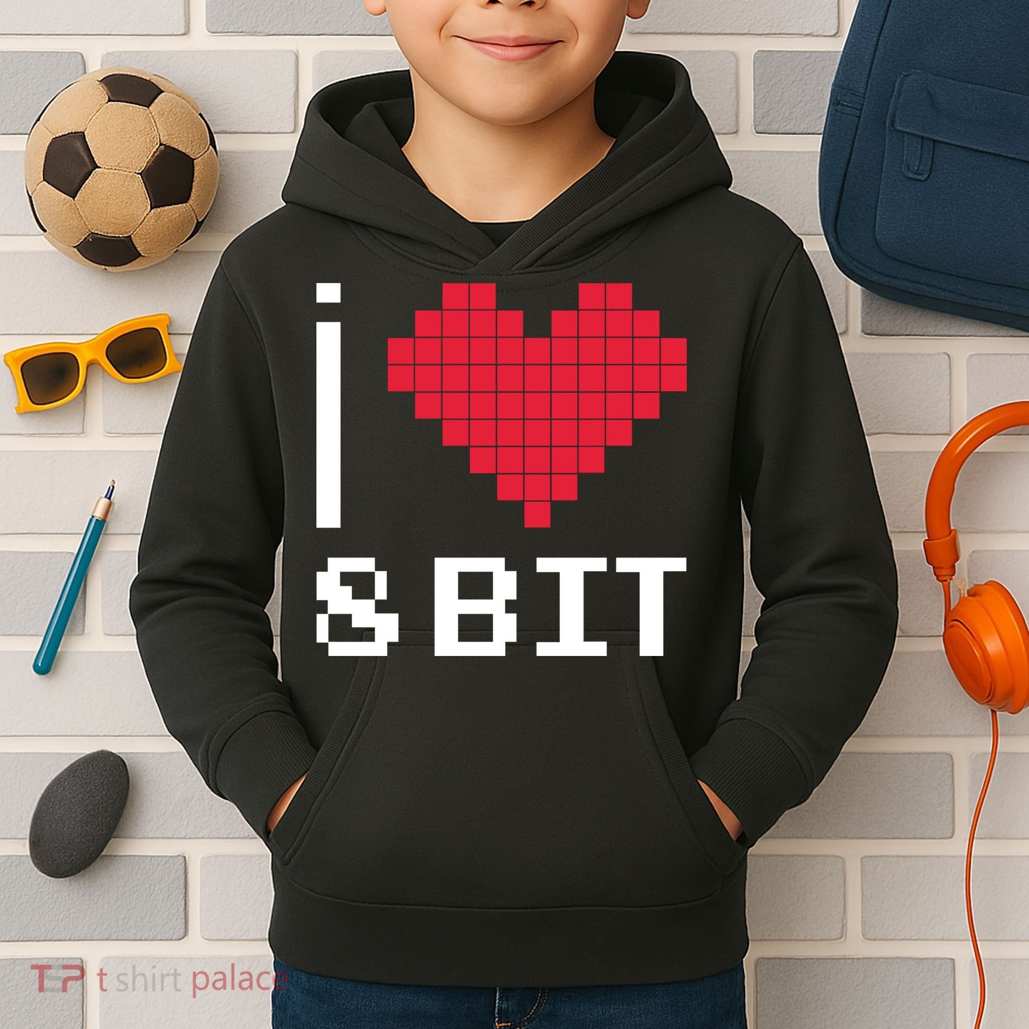 I Love Heart 8 Bit Retro Gamer Gaming Kids Hoodie