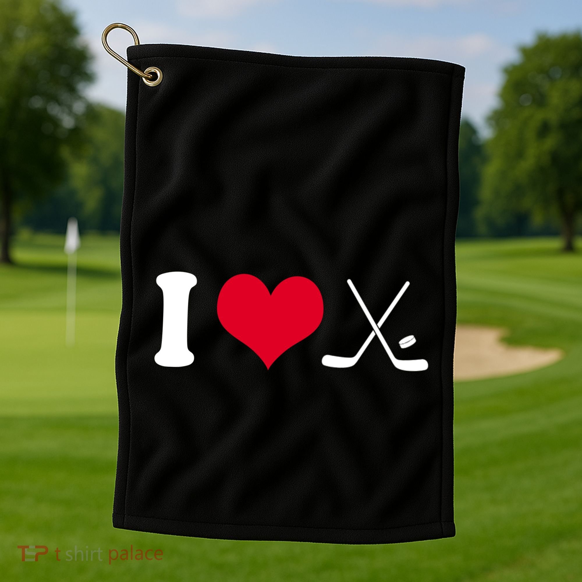 I Love Hockey, Sticks And Puck Golf Towel