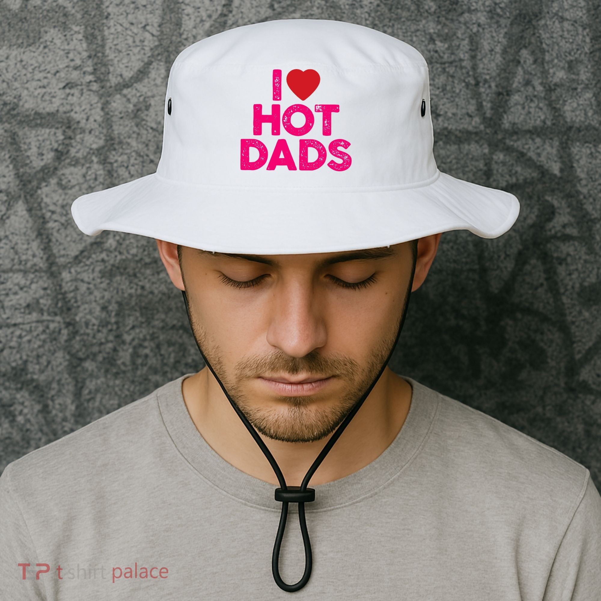 I Love Hot Dads Funny Pink Heart Hot Dad Bucket Hat