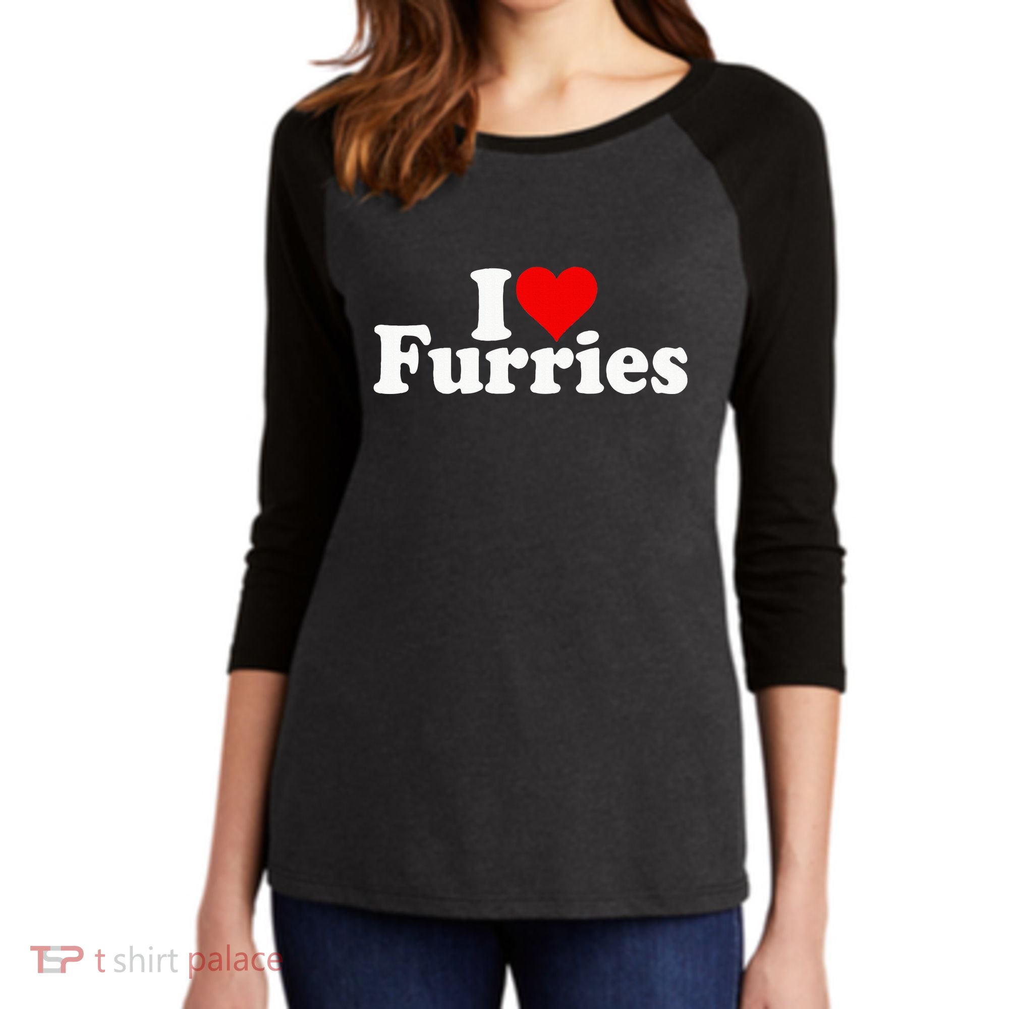 I Love Heart Furries Furry Fandom Cosplay Fursuit Women's Tri-Blend 3/4-Sleeve Raglan Shirt