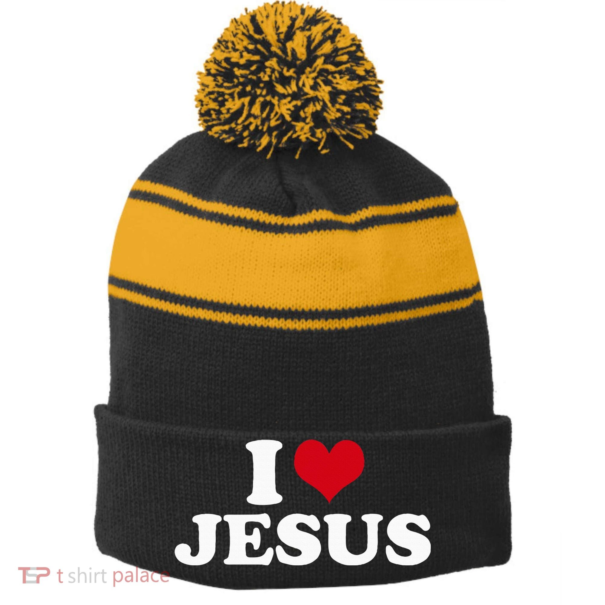 I Love Jesus I Heart Jesus Stripe Pom Pom Beanie
