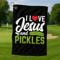 I Love Jesus And Pickles Funny Christian Golf Towel thumb 1