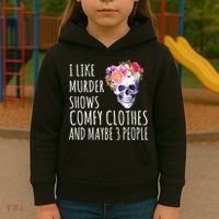I Like Murder Shows Comfy Clothes And Maybe 3 People Floral Skull Kids Hoodie thumb 3