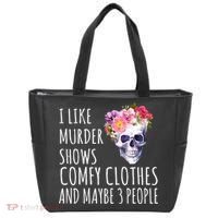 I Like Murder Shows Comfy Clothes And Maybe 3 People Floral Skull Tote Bag thumb 0