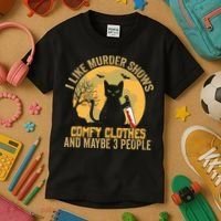 I Like Murder Shows Comfy Clothes And Maybe 3 People Cat Kids T-Shirt thumb 3