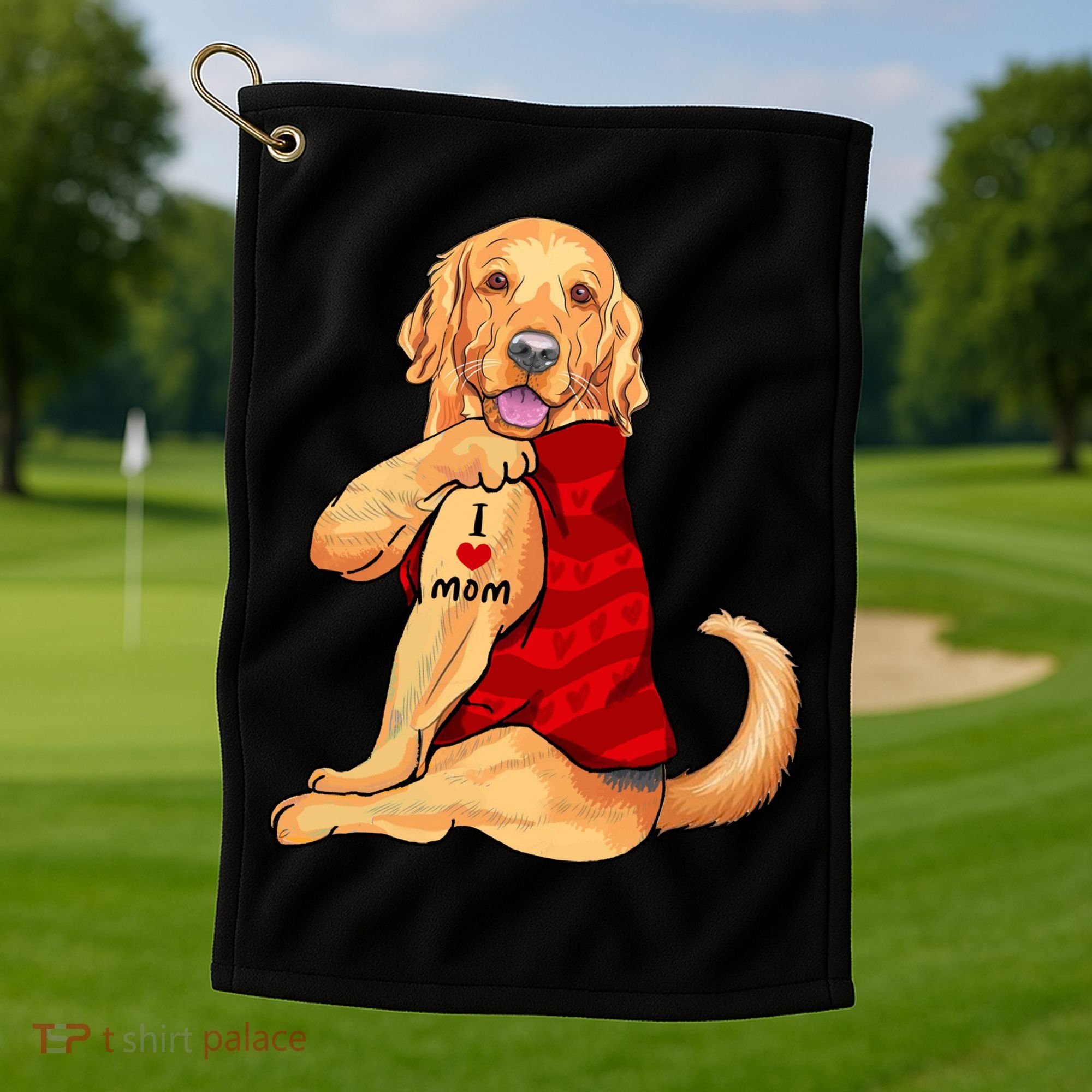 I Love Mom Funny Golden Retriever Golf Towel
