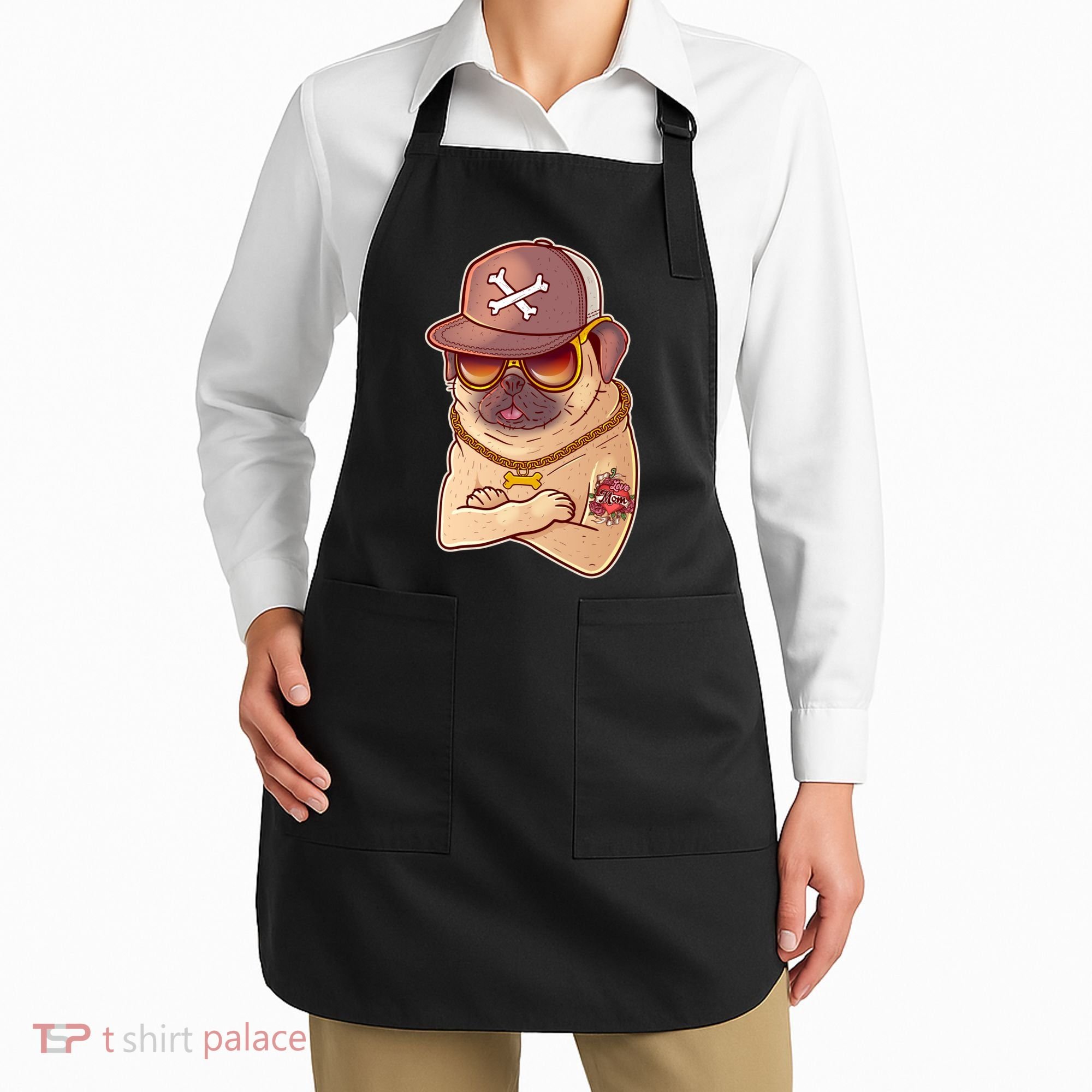 I Love Mom Tattoo Pug Dog Apron