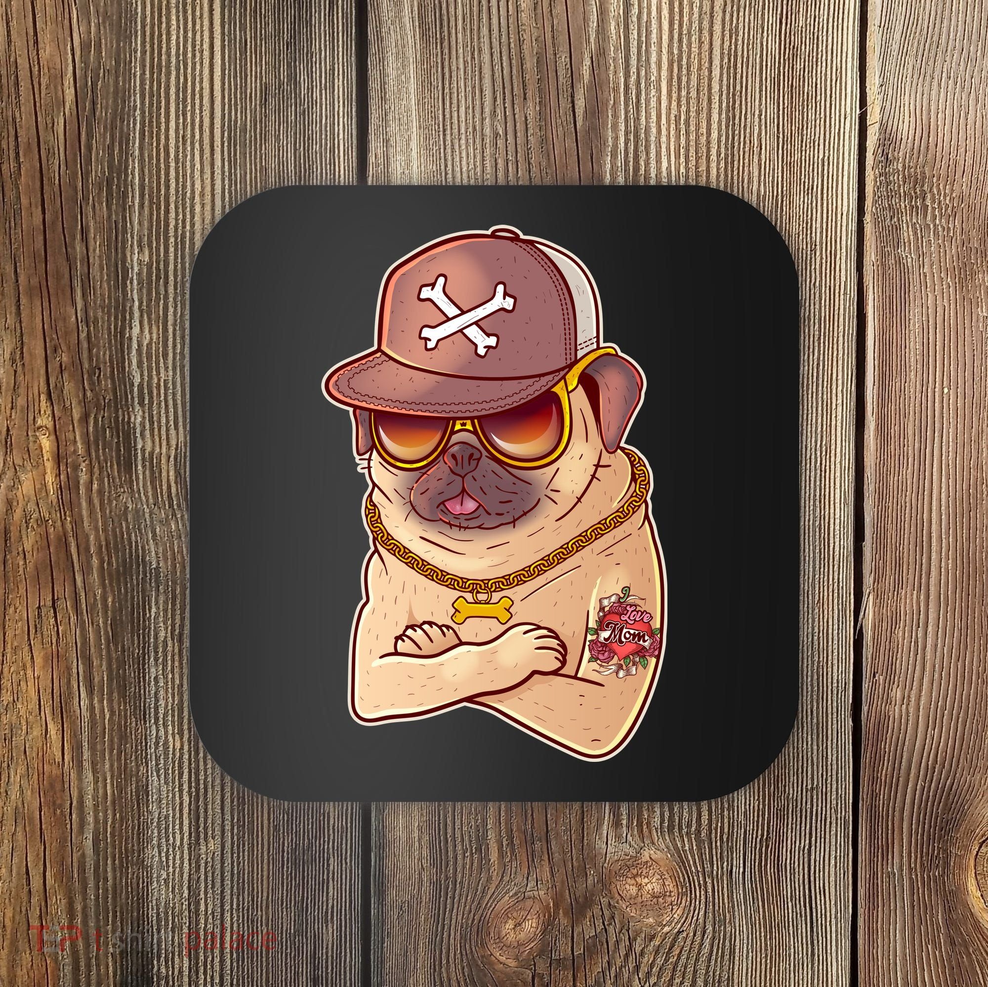 I Love Mom Tattoo Pug Dog Coaster