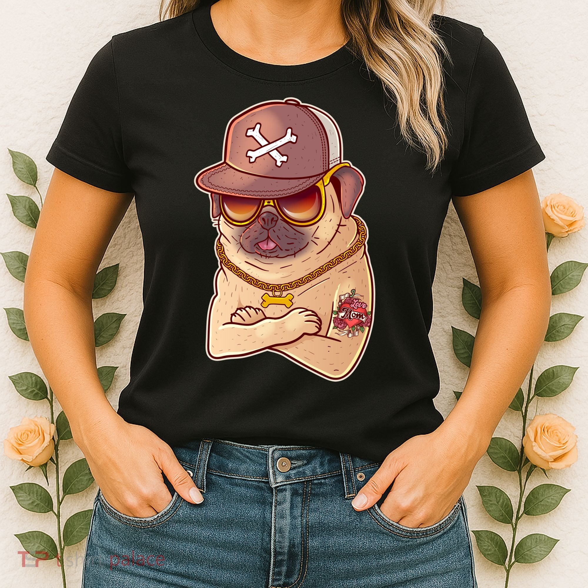 I Love Mom Tattoo Pug Dog Women's T-Shirt