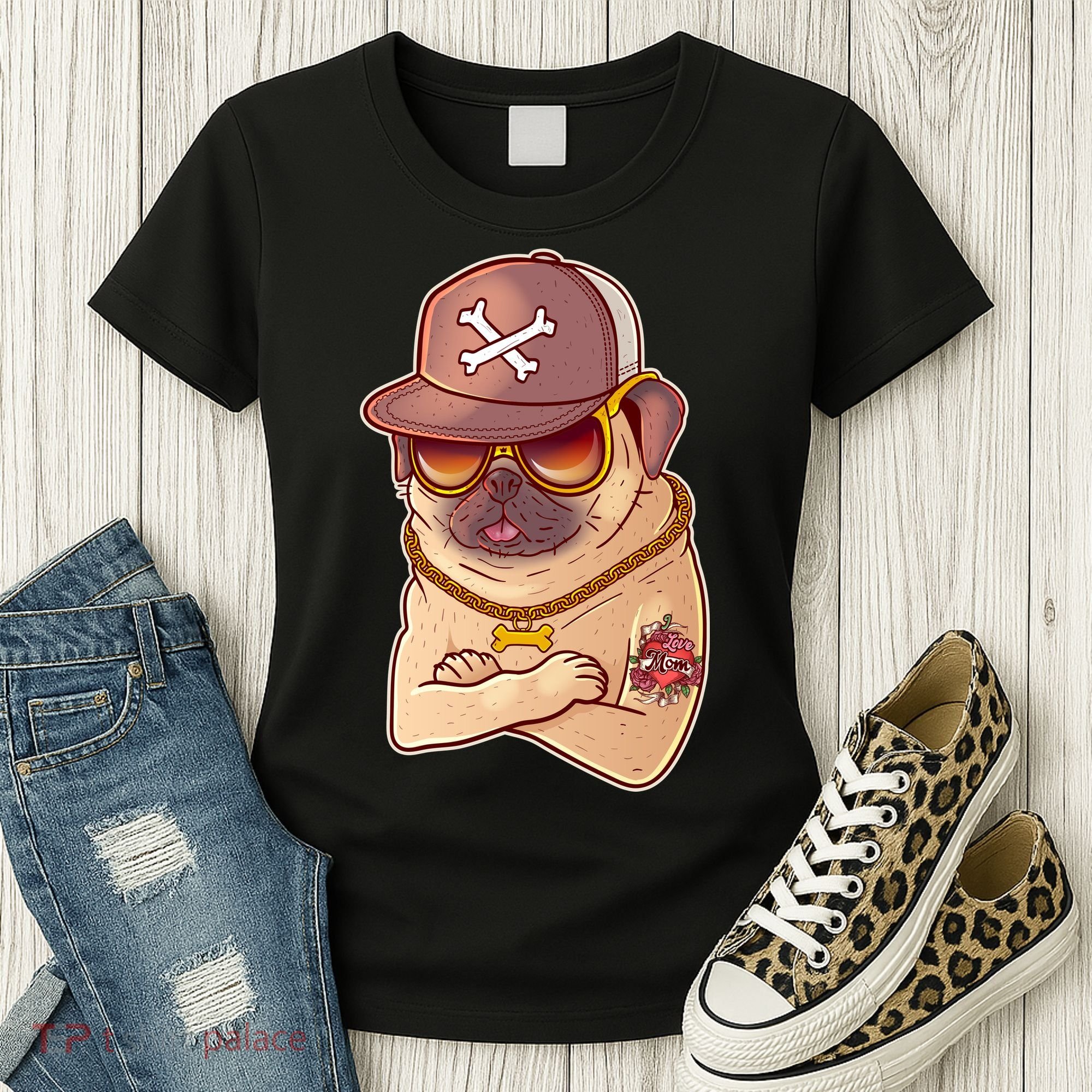 I Love Mom Tattoo Pug Dog Women's T-Shirt