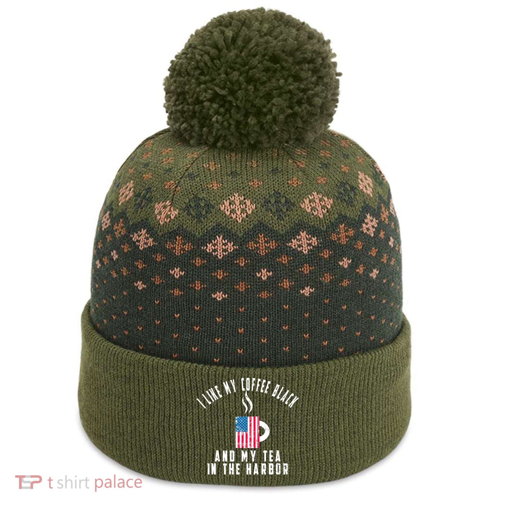 I Like My Coffee Black And My Tea In The Harbor US Flag Cup The Baniff Cuffed Pom Beanie