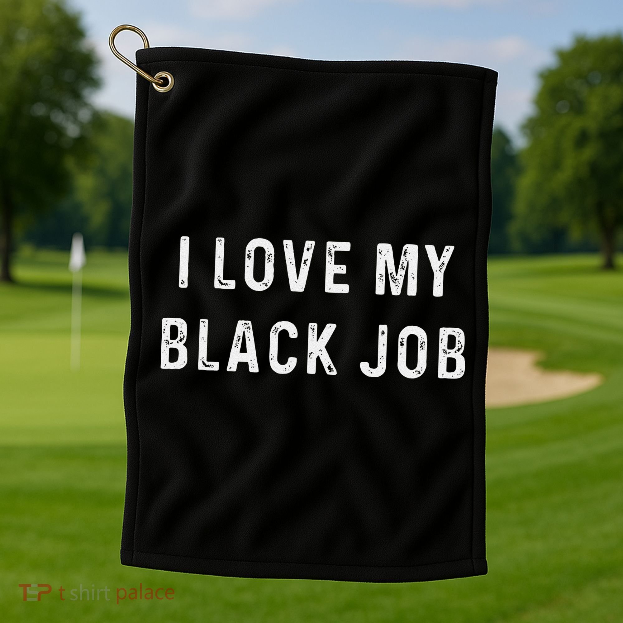I Love My Black Job Heart Distressed Golf Towel