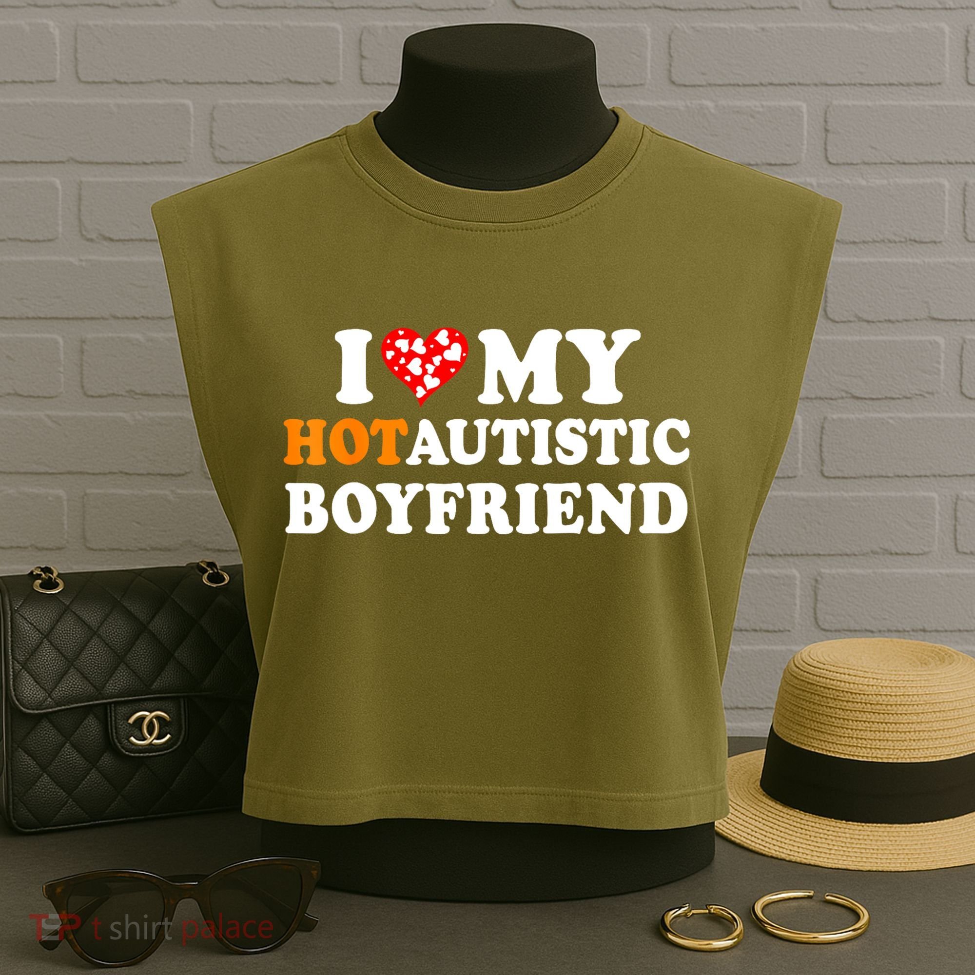 I Love My Hot Autistic Boyfriend Garment-Dyed Women's Muscle Tee