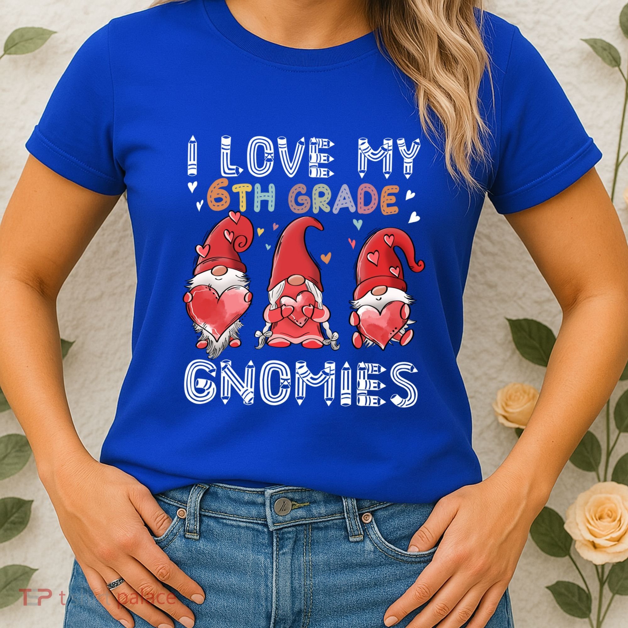 I Love My 6Th Grade Gnomies Funny Valentine Heart Teacher Gift Women's T-Shirt