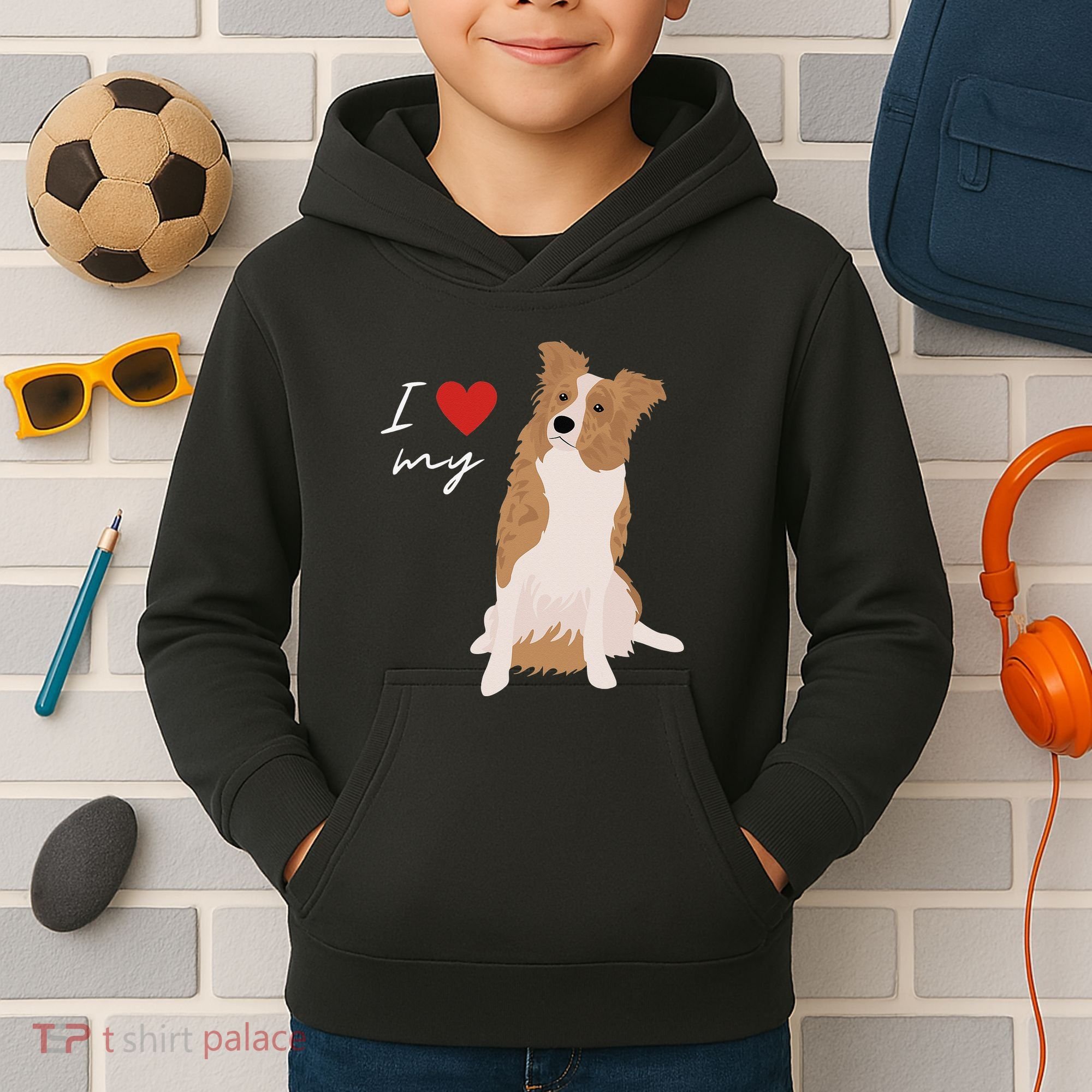 I Love My White & Red Merle Border Collie Dog Lover Kids Hoodie