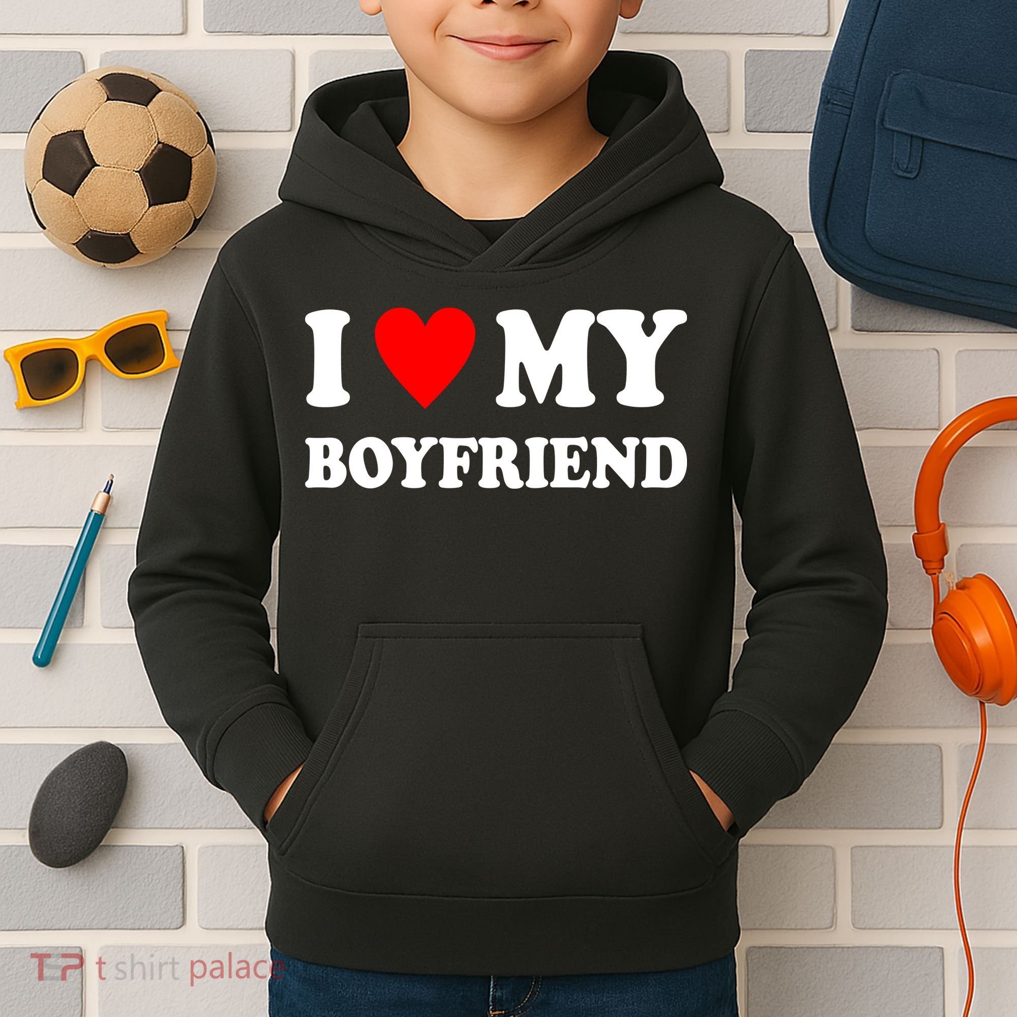 I Love My Boyfriend Heart Girlfriend Couples Kids Hoodie