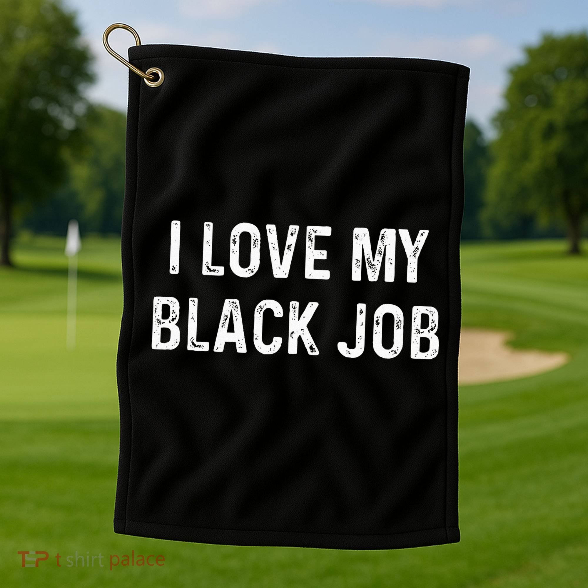 I Love My Black Job Heart Distressed Golf Towel