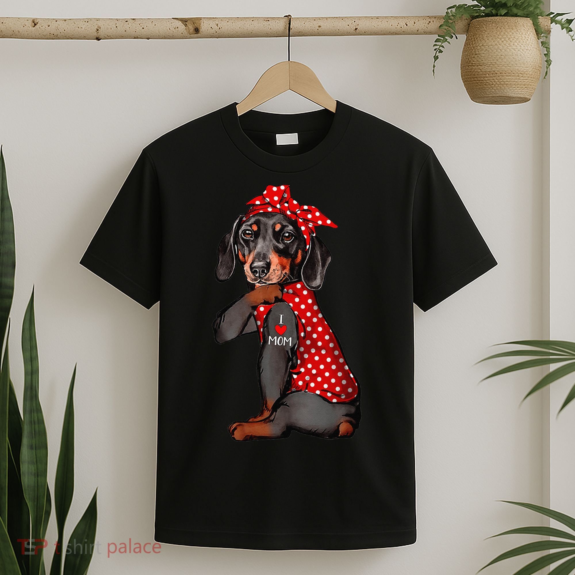 I Love Mom Tattoo Funny Dachshund Dog Wearing Bandana T-Shirt