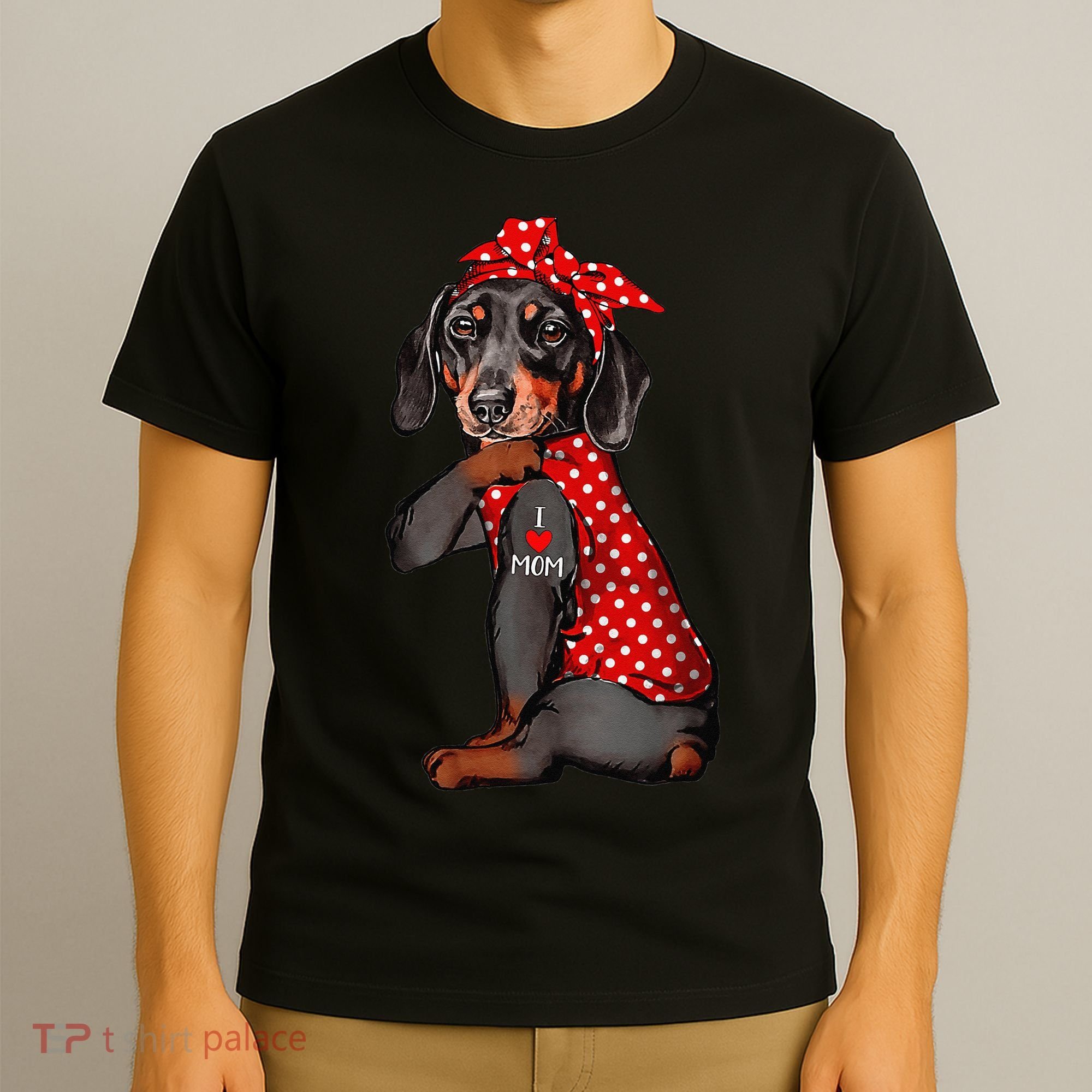I Love Mom Tattoo Funny Dachshund Dog Wearing Bandana T-Shirt