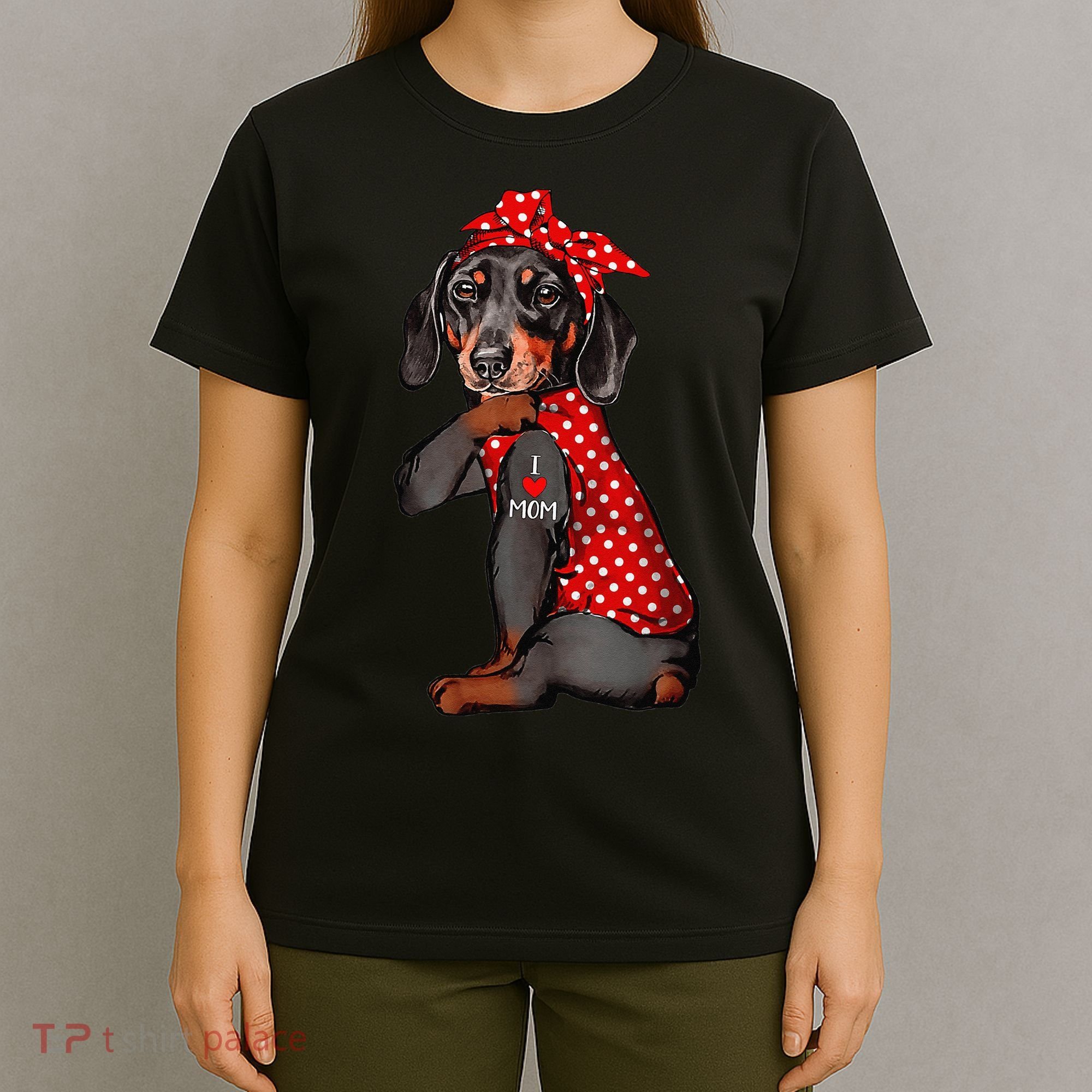 I Love Mom Tattoo Funny Dachshund Dog Wearing Bandana T-Shirt