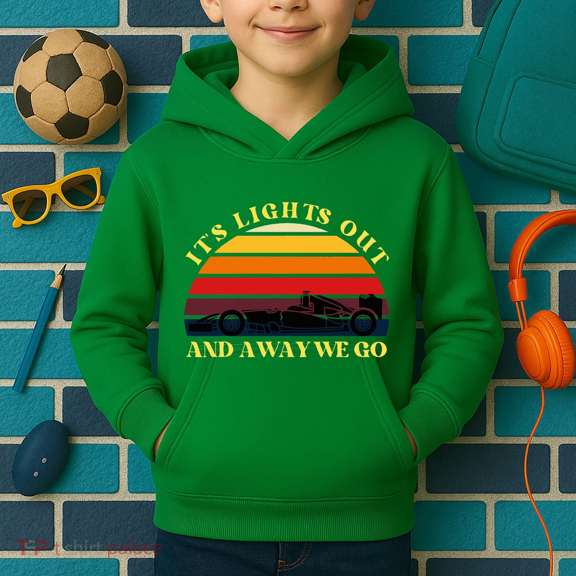 Its Lights Out And Away We Go Retro Sunset Formula Racing Kids Hoodie