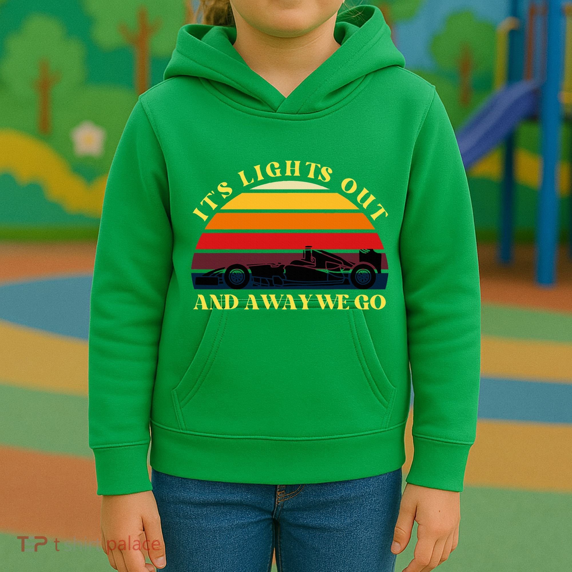 Its Lights Out And Away We Go Retro Sunset Formula Racing Kids Hoodie
