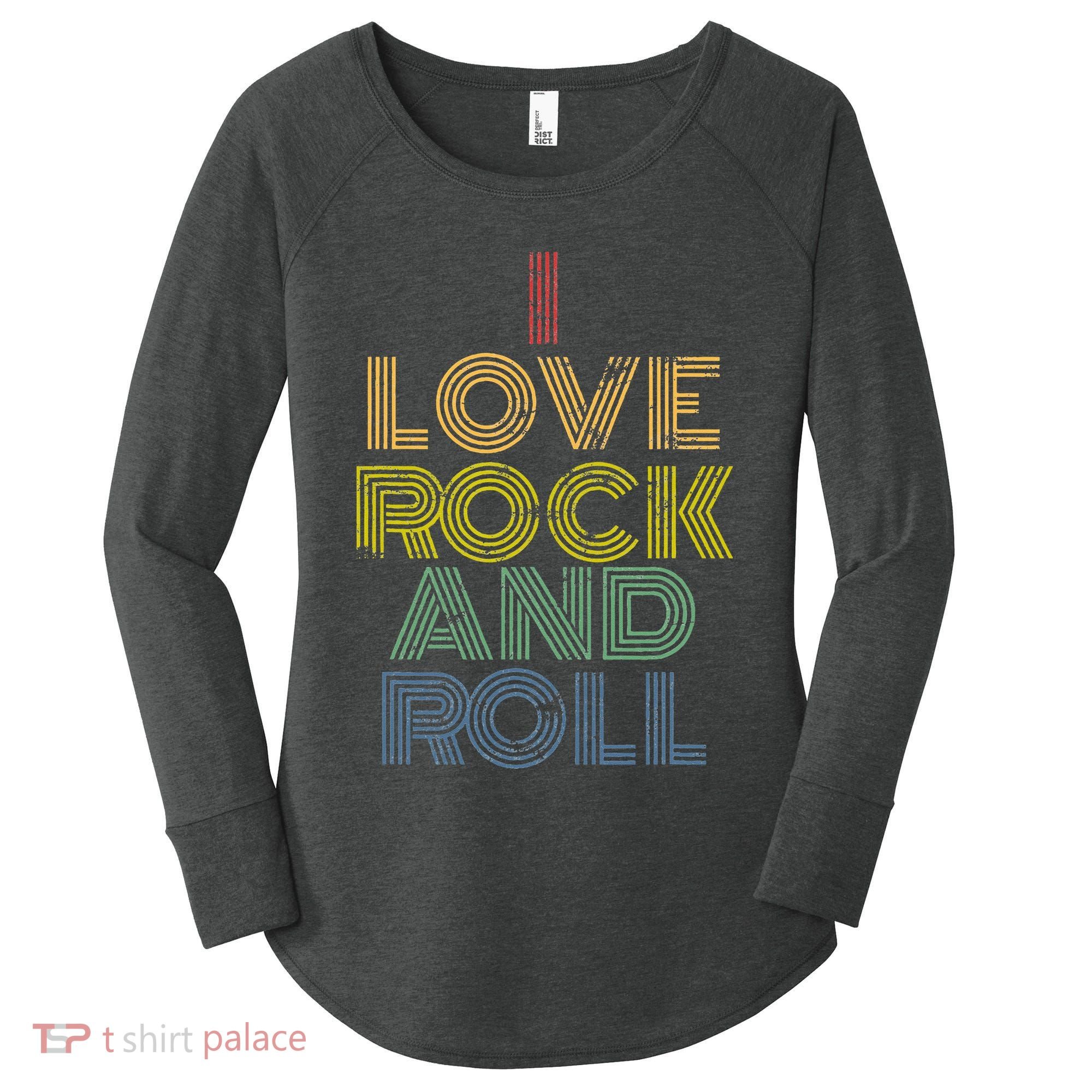 I Love Rock And Roll Distressed Rainbow 70s Women's Perfect Tri Tunic Long Sleeve Shirt