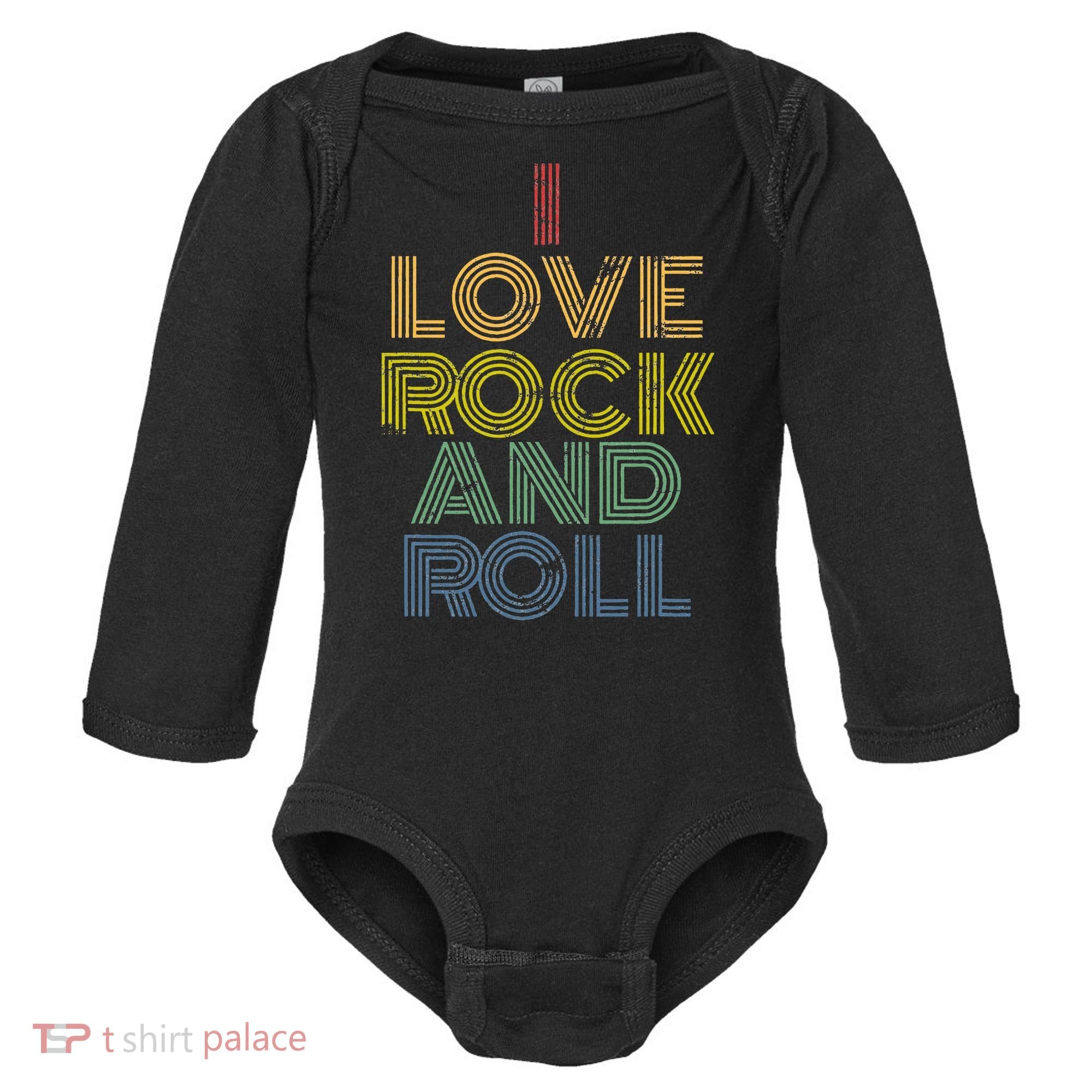 I Love Rock And Roll Distressed Rainbow 70s Baby Long Sleeve Bodysuit