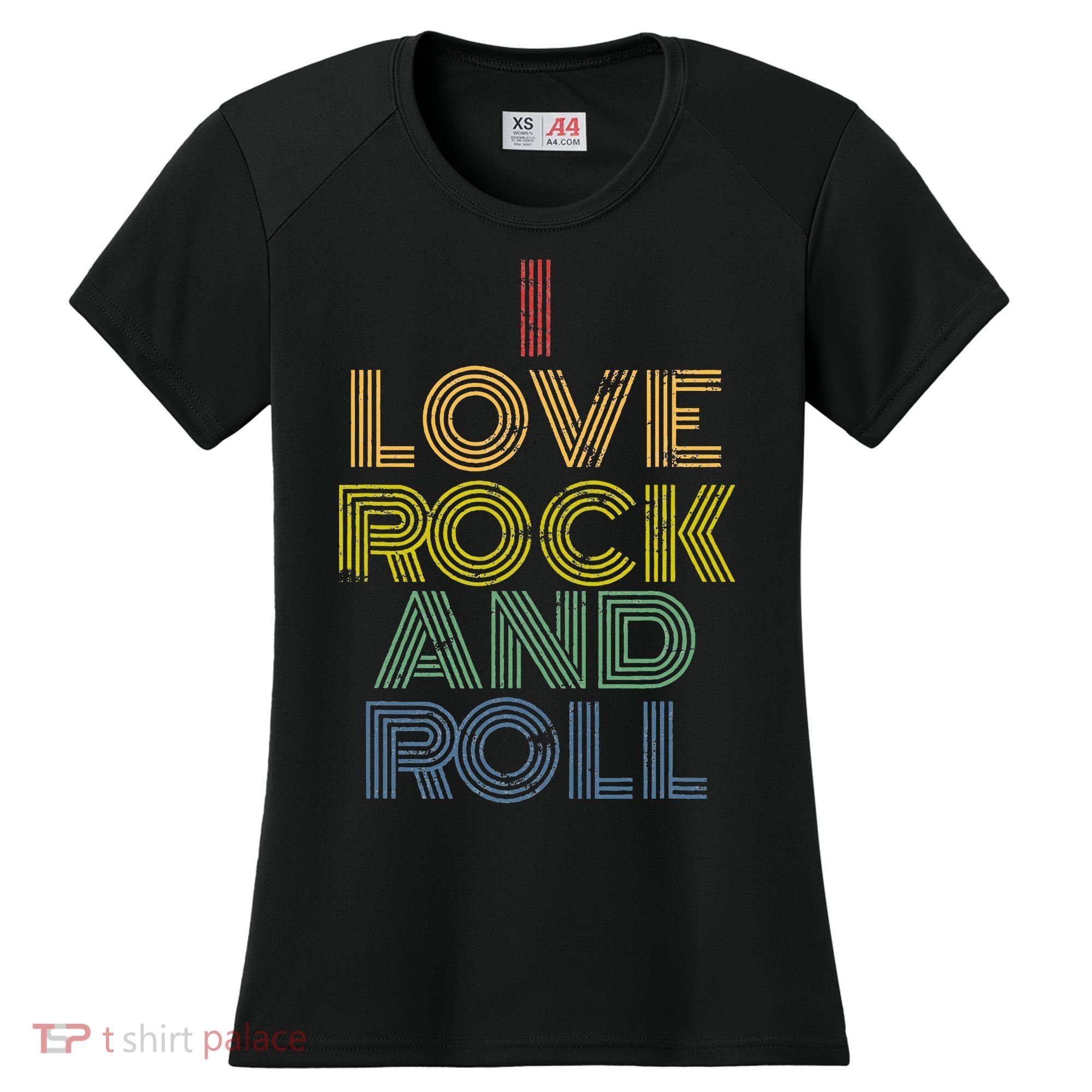 I Love Rock And Roll Distressed Rainbow 70s Women's Cooling Performance Crew T-Shirt