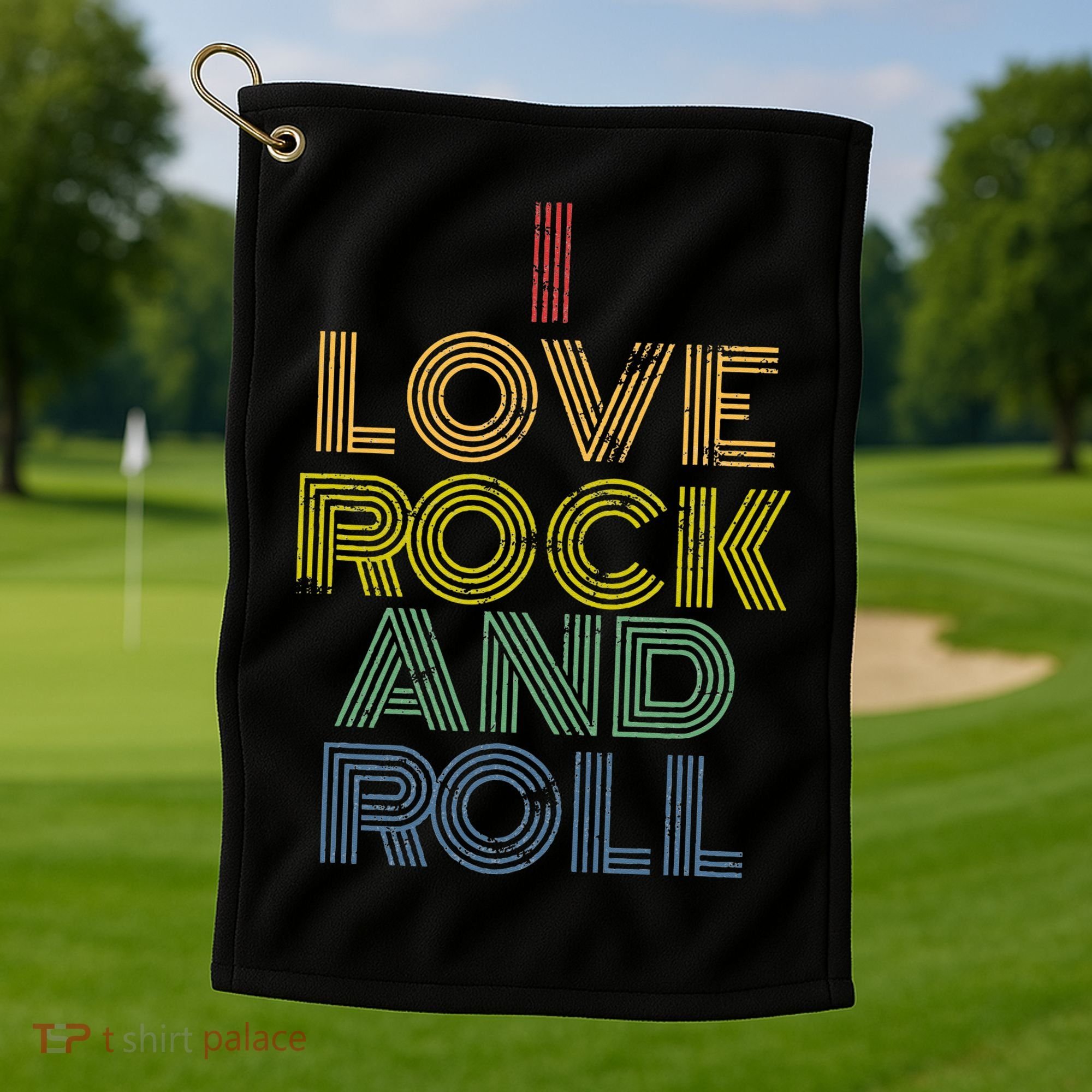 I Love Rock And Roll Distressed Rainbow 70s Golf Towel