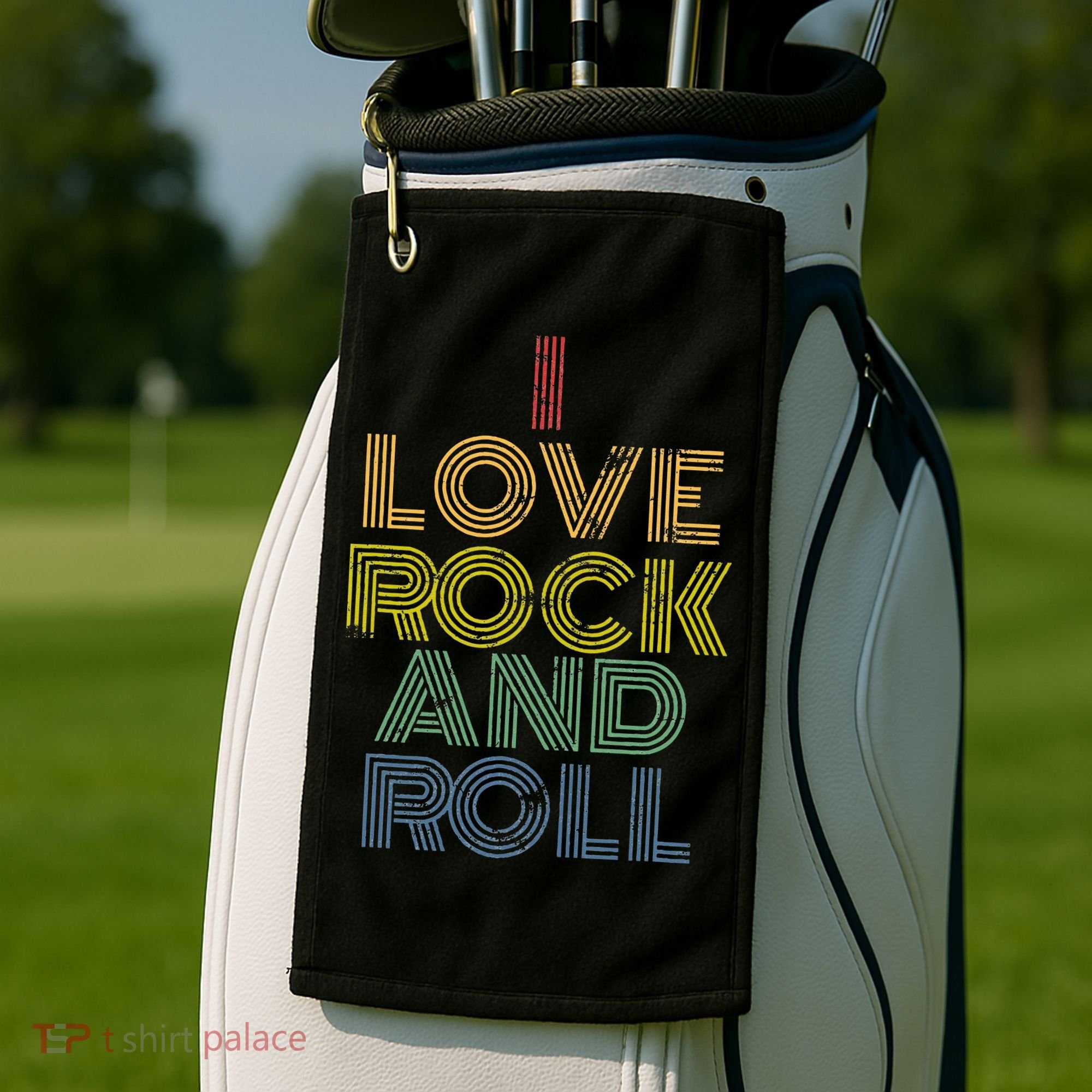 I Love Rock And Roll Distressed Rainbow 70s Golf Towel