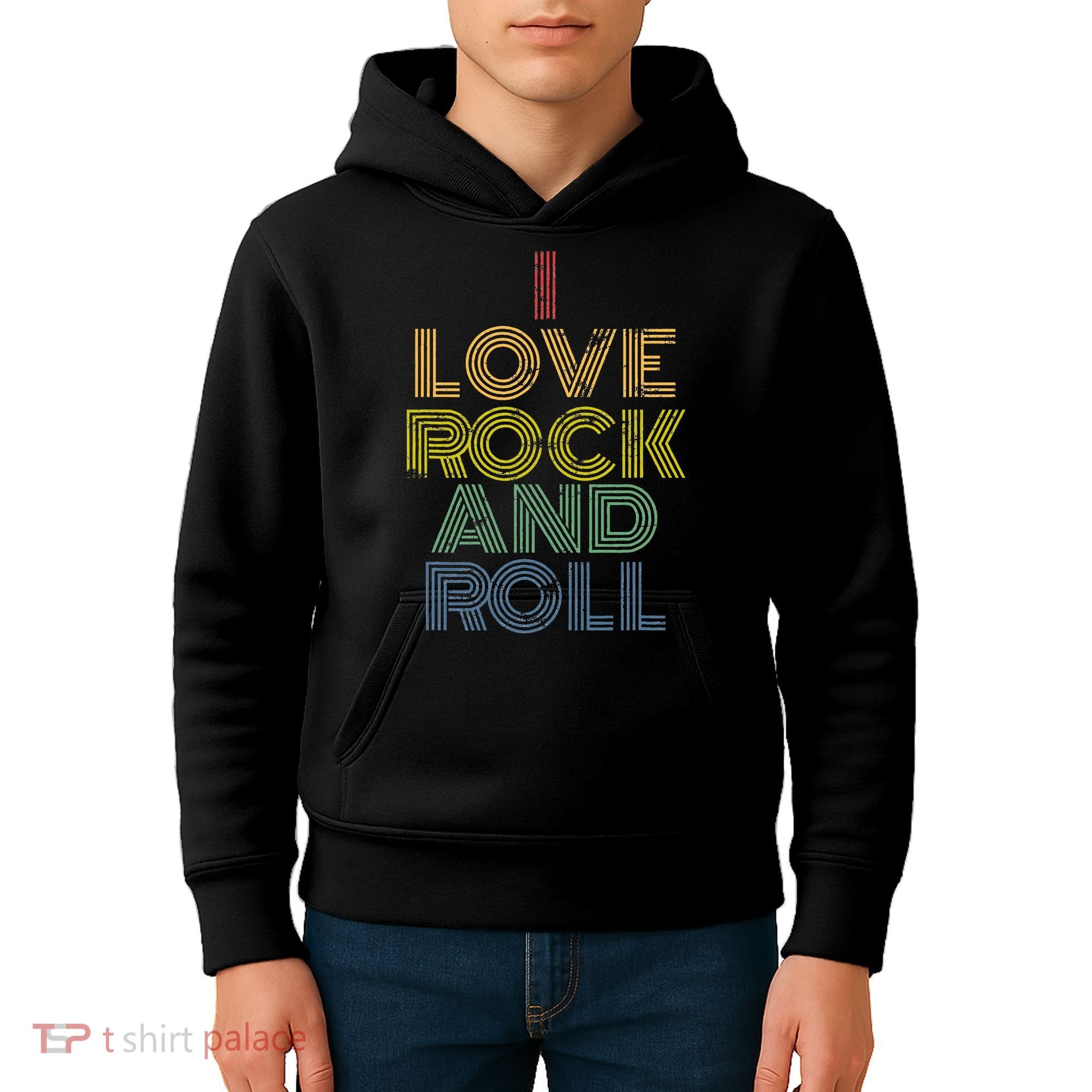 I Love Rock And Roll Distressed Rainbow 70s Kids Hoodie