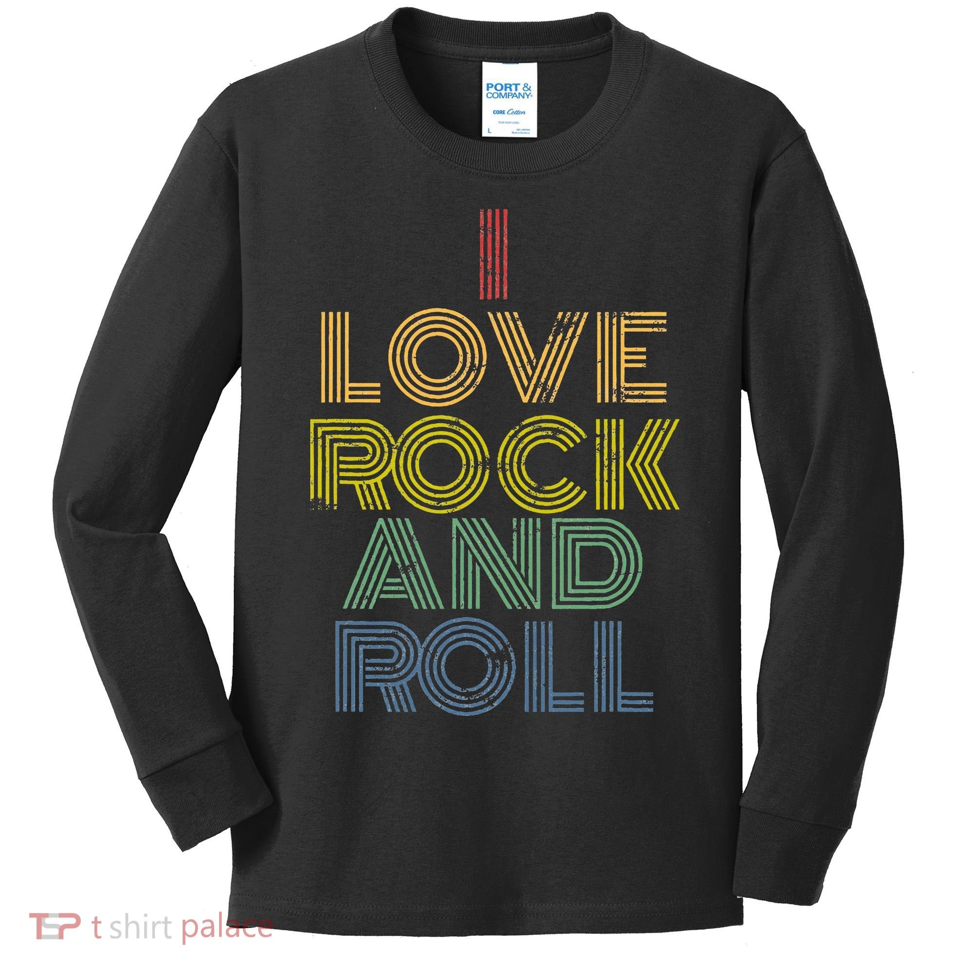 I Love Rock And Roll Distressed Rainbow 70s Kids Long Sleeve Shirt