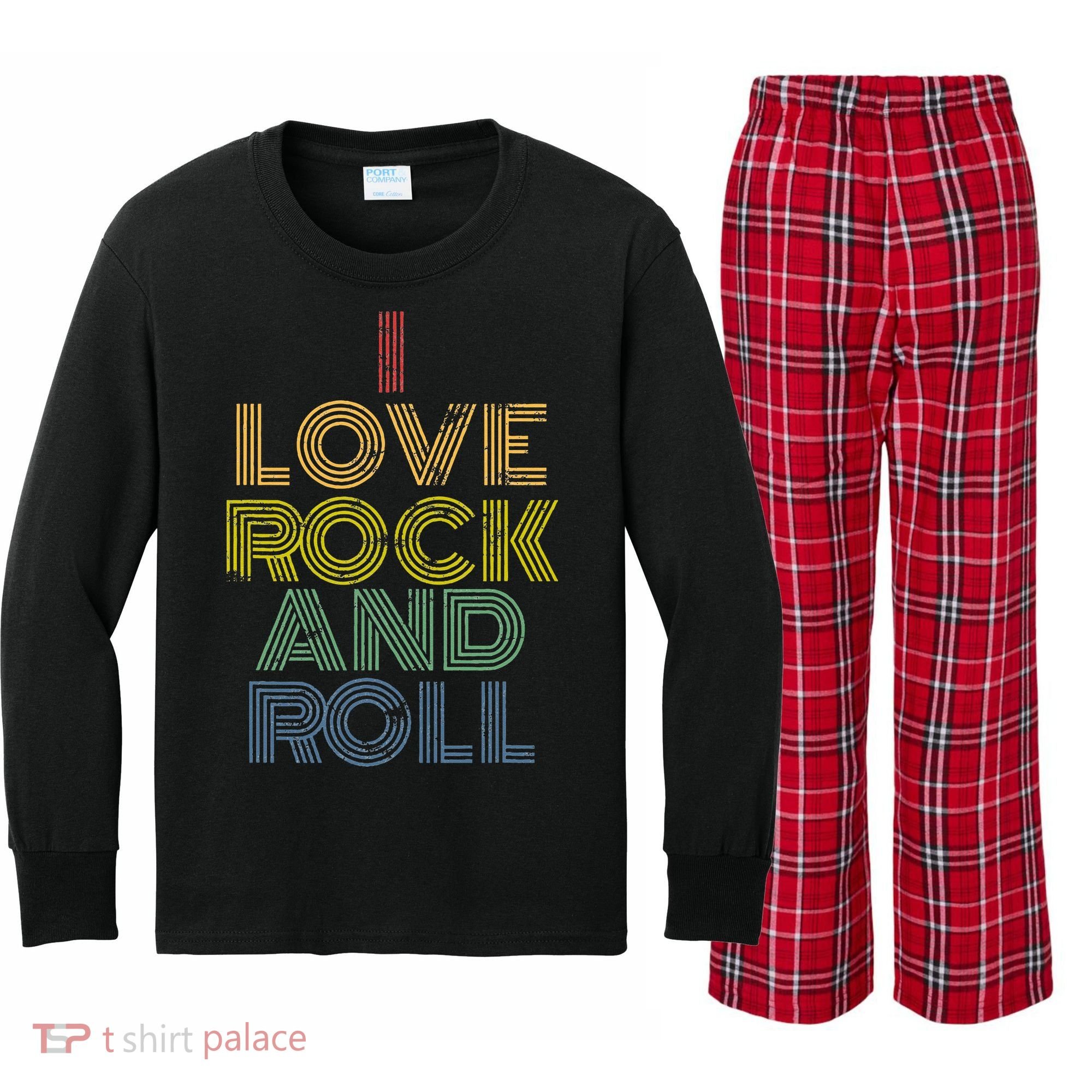 I Love Rock And Roll Distressed Rainbow 70s Kids Long Sleeve Plaid Pajama Set