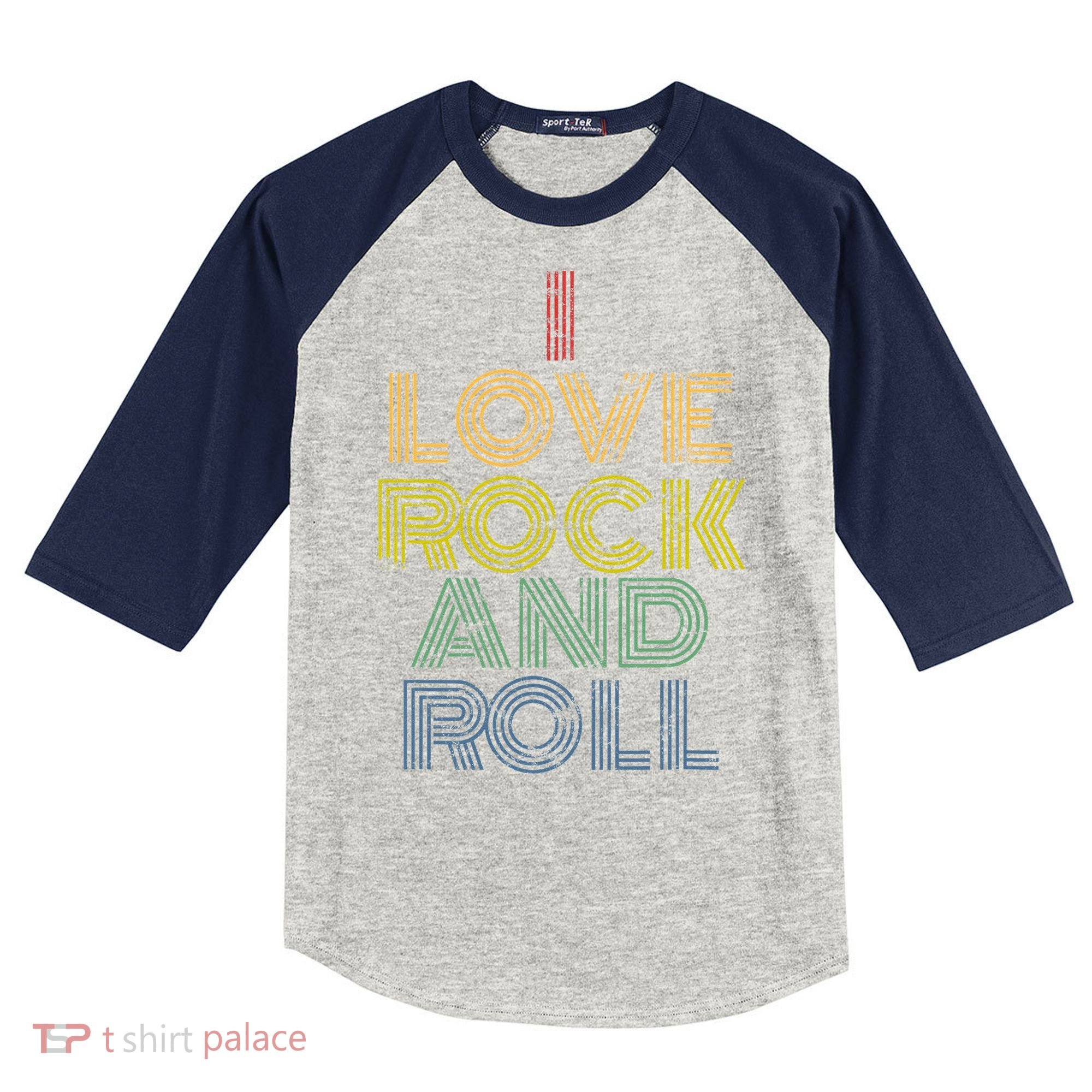 I Love Rock And Roll Distressed Rainbow 70s Kids Colorblock Raglan Jersey