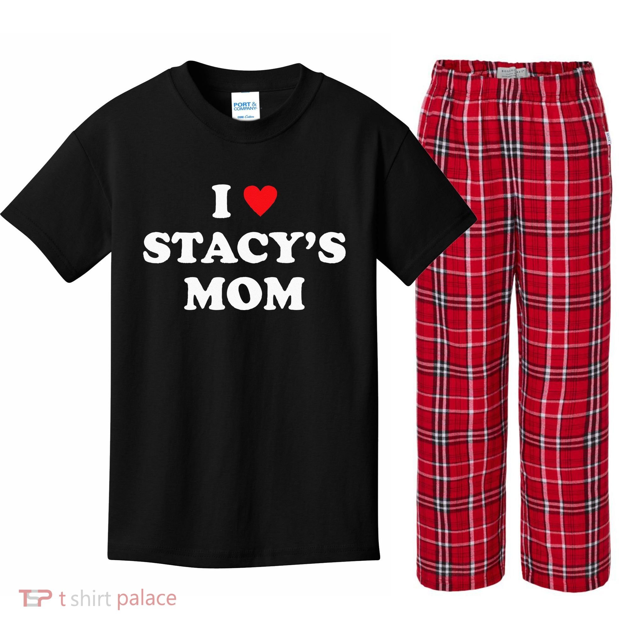 I Love Stacy's Mom Heart Hot Funny Meme Kids Plaid Pajama Set