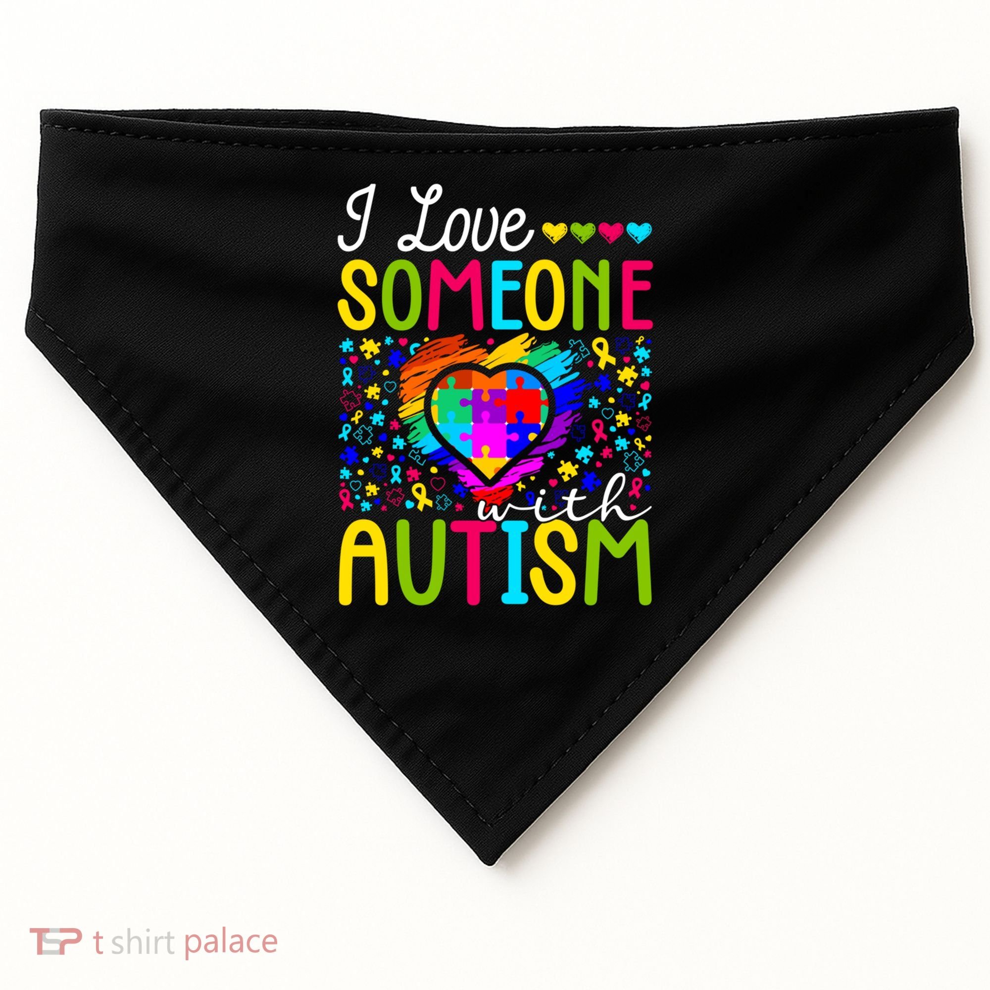 I Love Someone With Autism Rainbow Heart Puzzle Piece Gift USA-Made Doggie Bandana