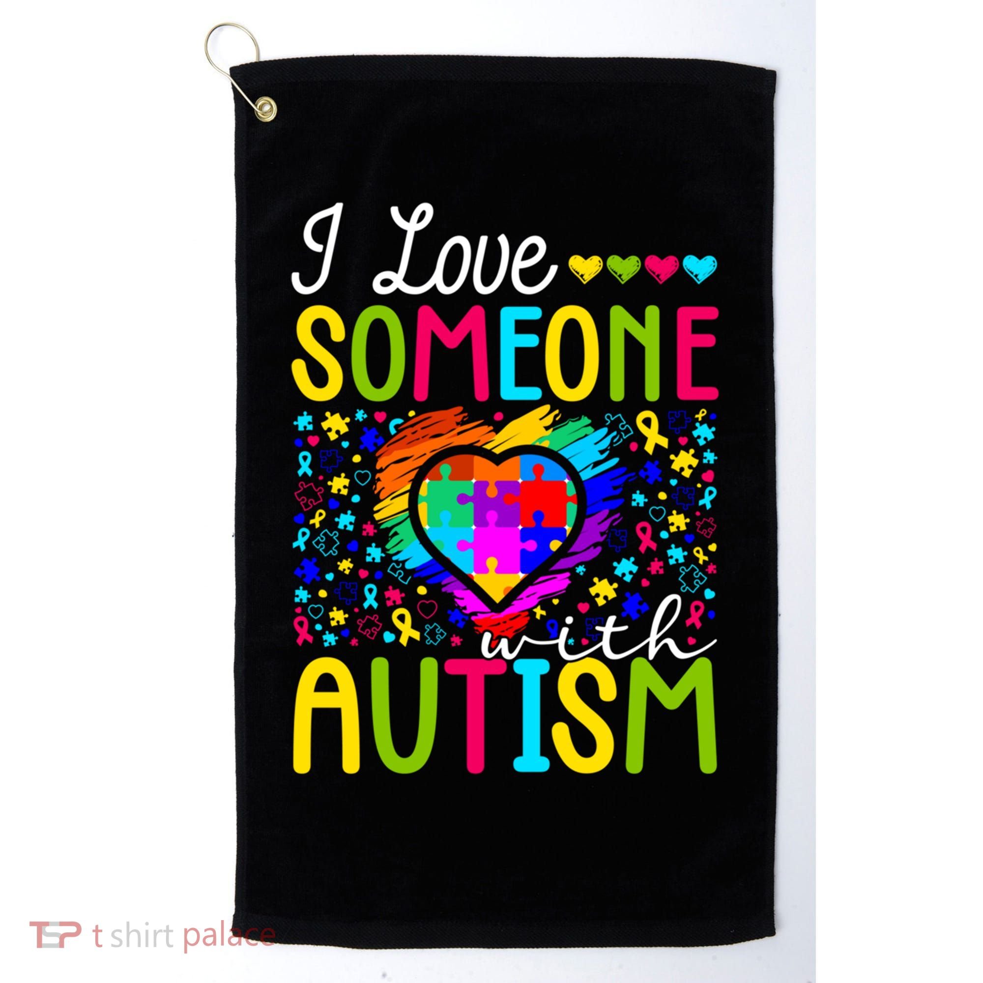 I Love Someone With Autism Rainbow Heart Puzzle Piece Gift Golf Towel