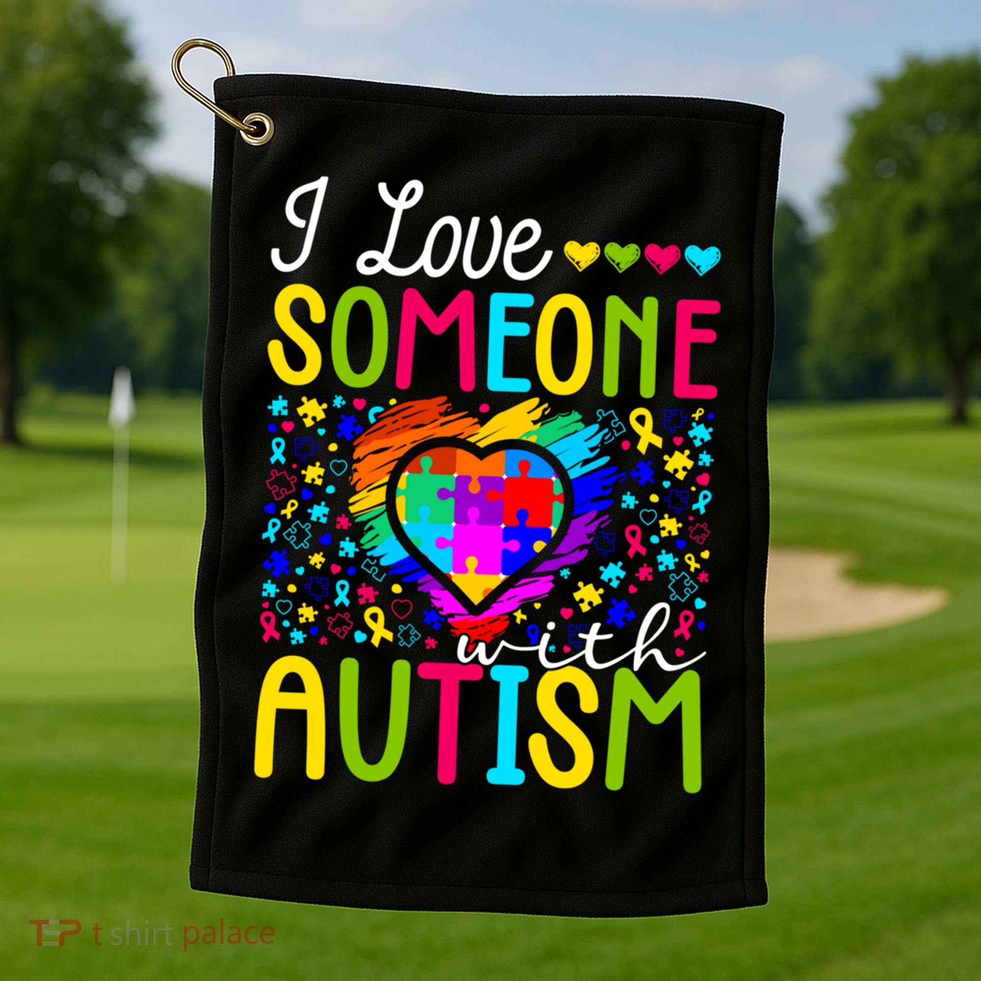 I Love Someone With Autism Rainbow Heart Puzzle Piece Gift Golf Towel