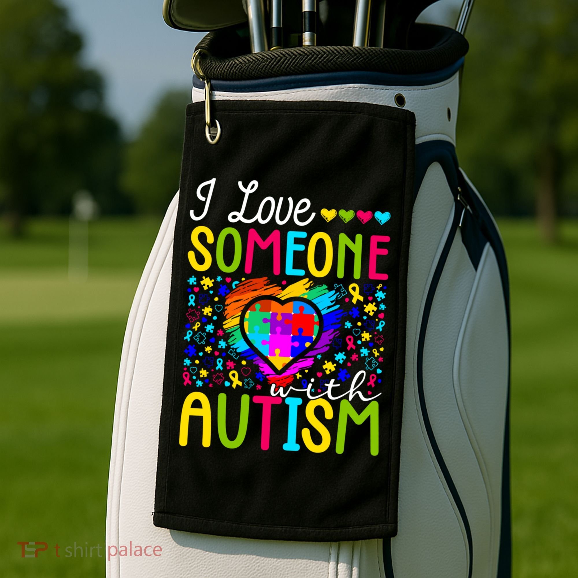 I Love Someone With Autism Rainbow Heart Puzzle Piece Gift Golf Towel
