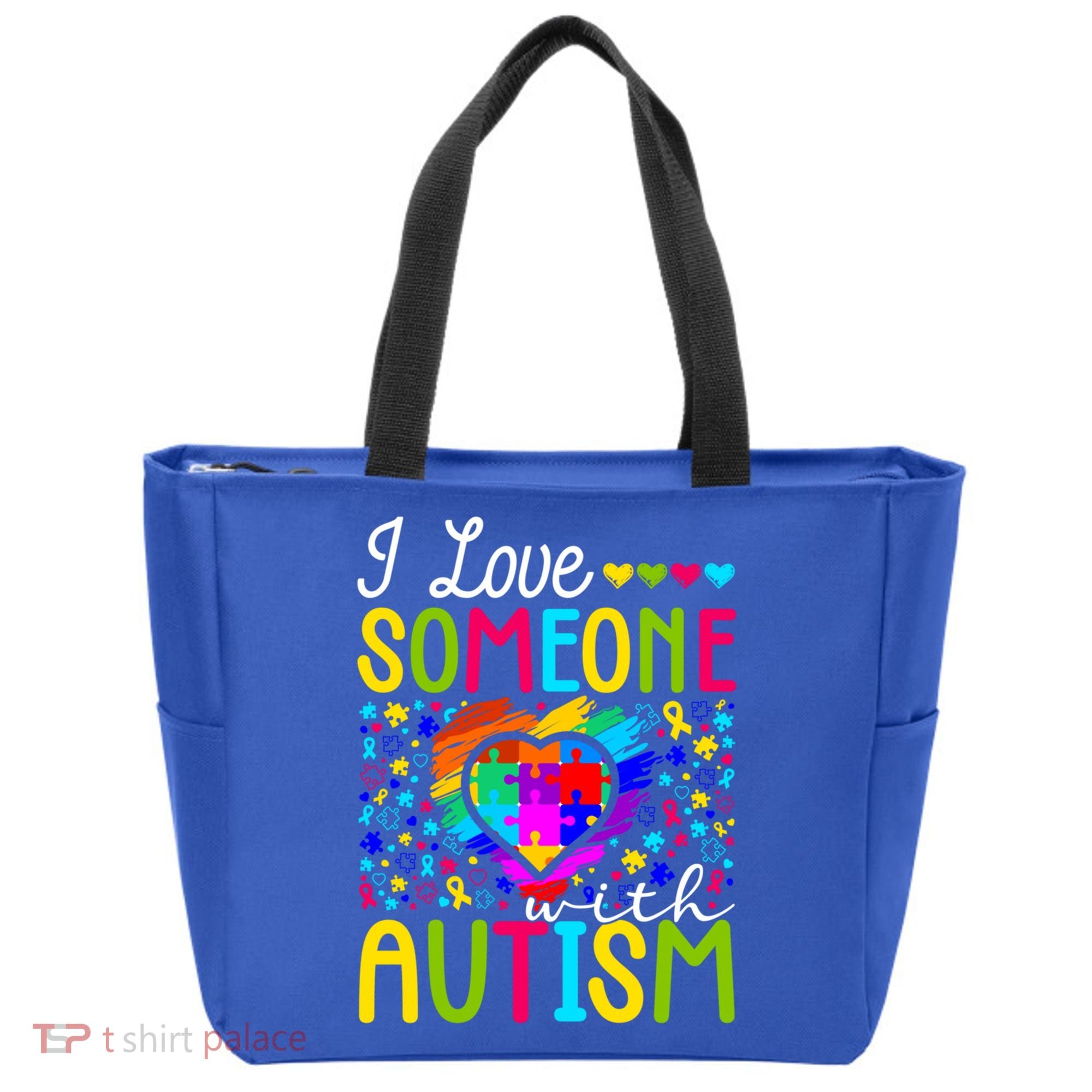 I Love Someone With Autism Rainbow Heart Puzzle Piece Gift Tote Bag