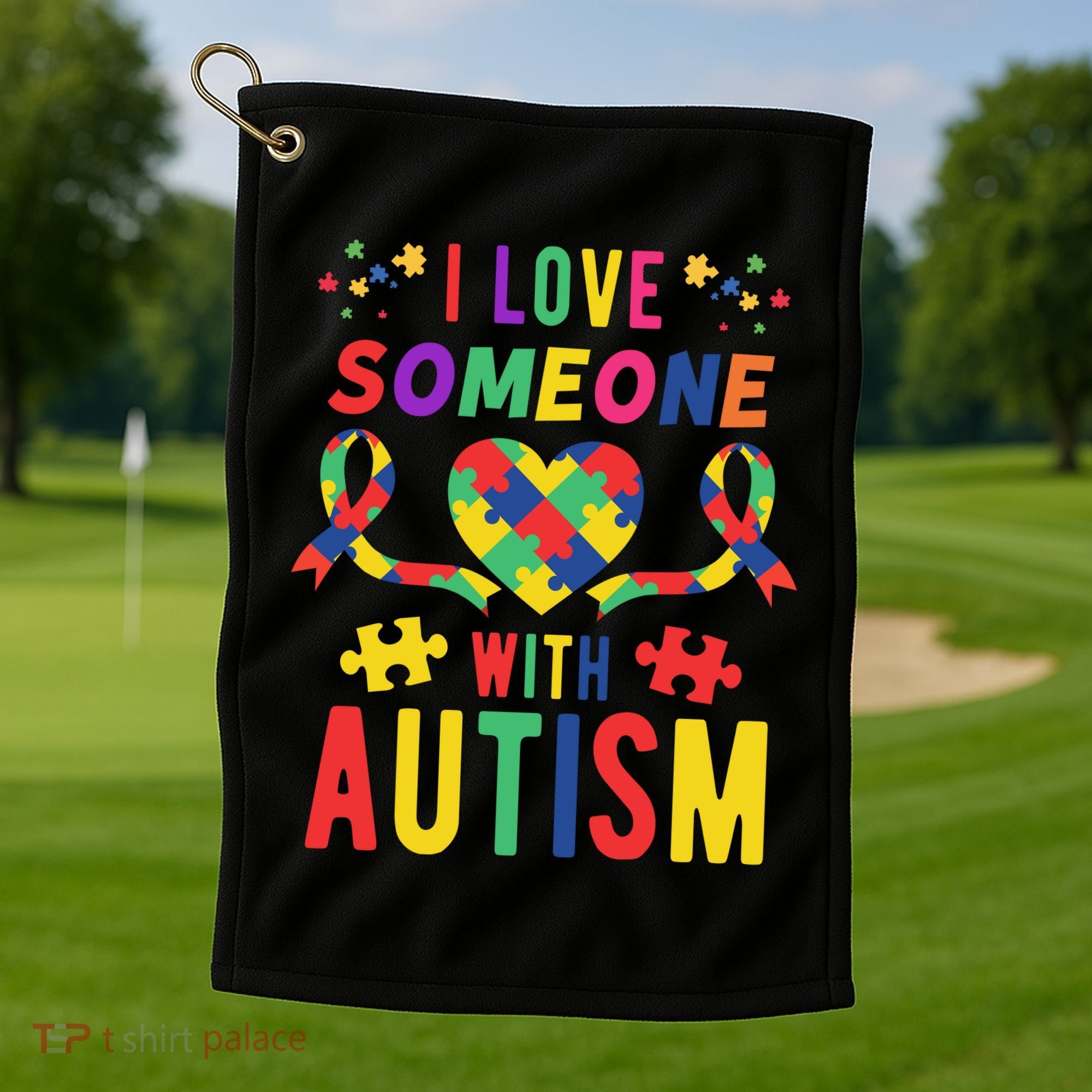 I Love Someone With Autism Ribbon Heart Golf Towel