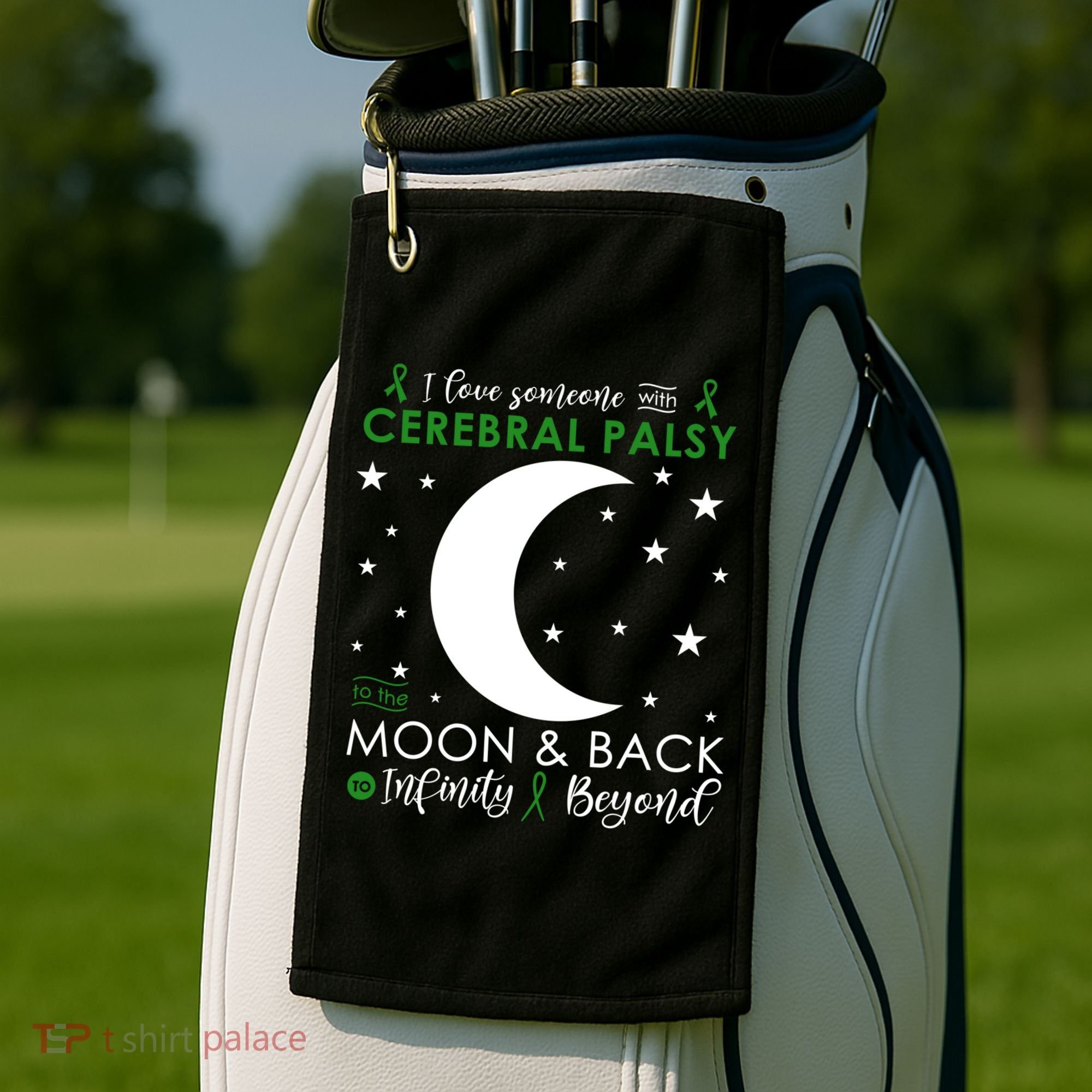 I Love Someone To The Moon And Back Cerebral Palsy Awareness Gift Golf Towel