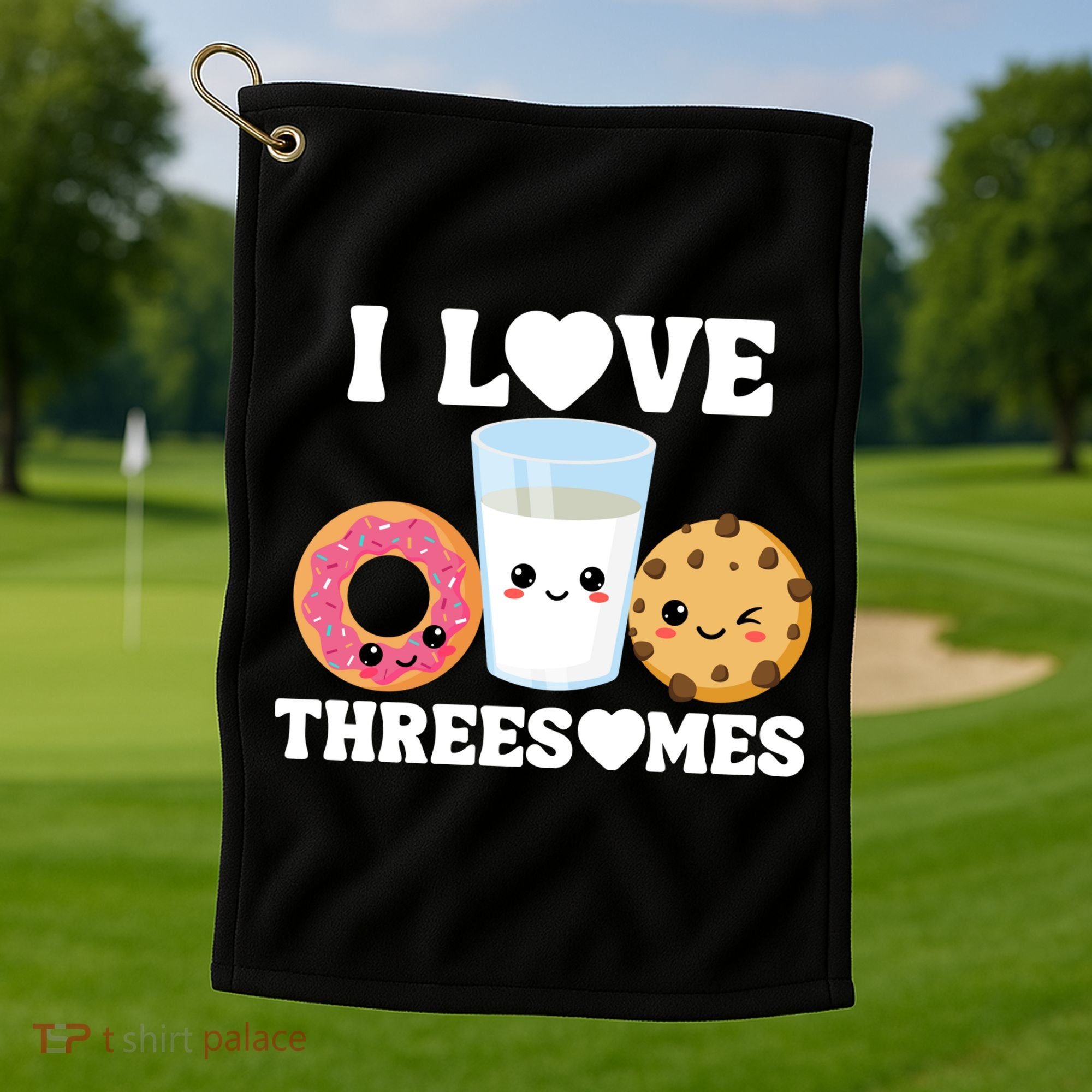 I Love Threesomes Donut Cookie Milk Valentine Pun Golf Towel