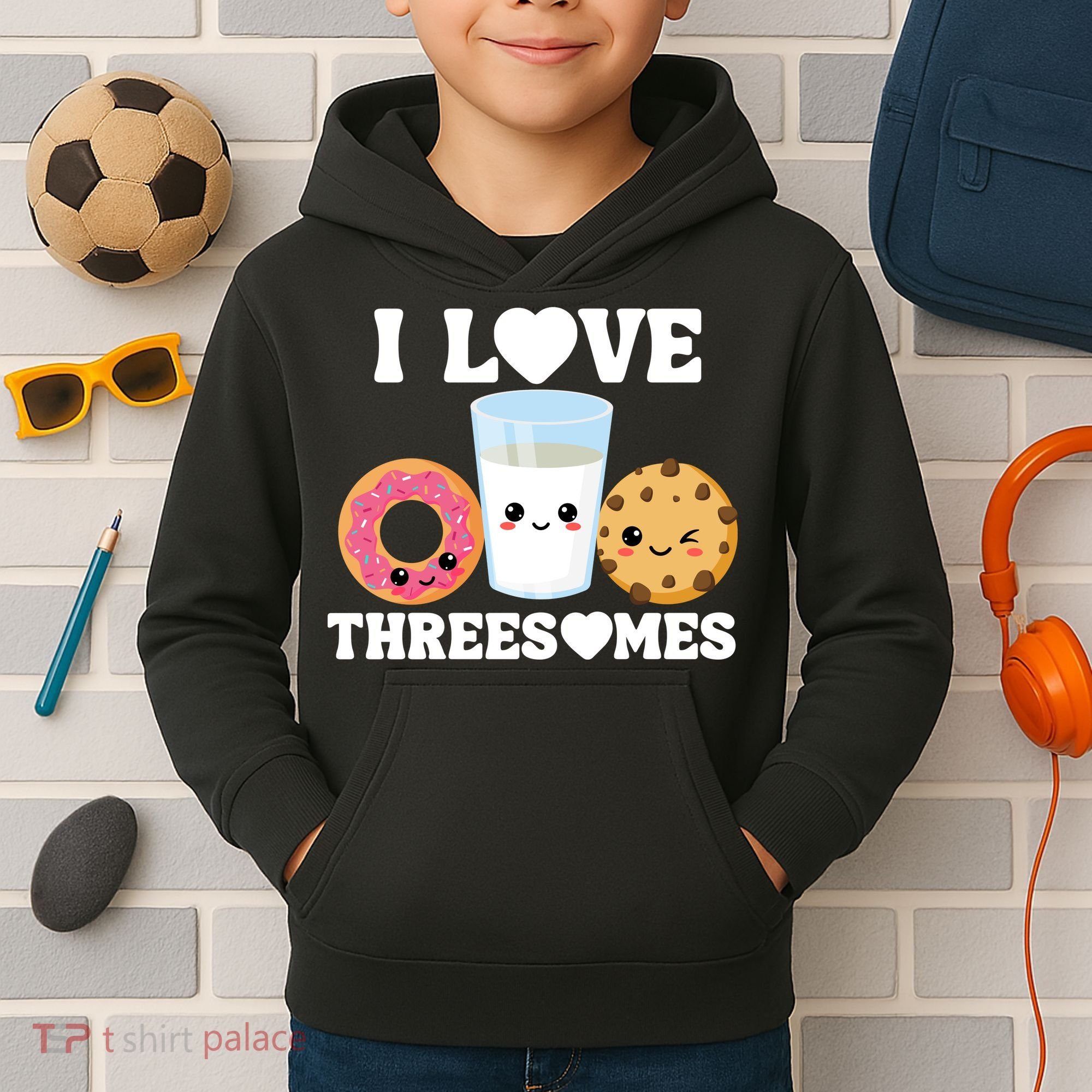 I Love Threesomes Donut Cookie Milk Valentine Pun Kids Hoodie