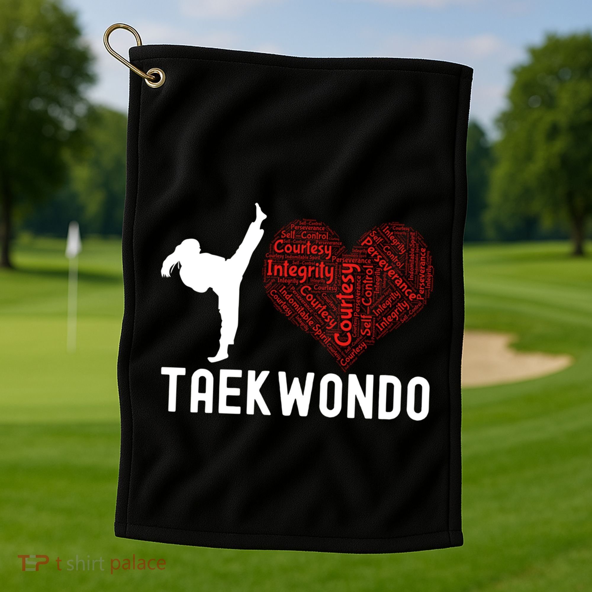 I Love Taekwondo Black Belt Funny Gift Golf Towel
