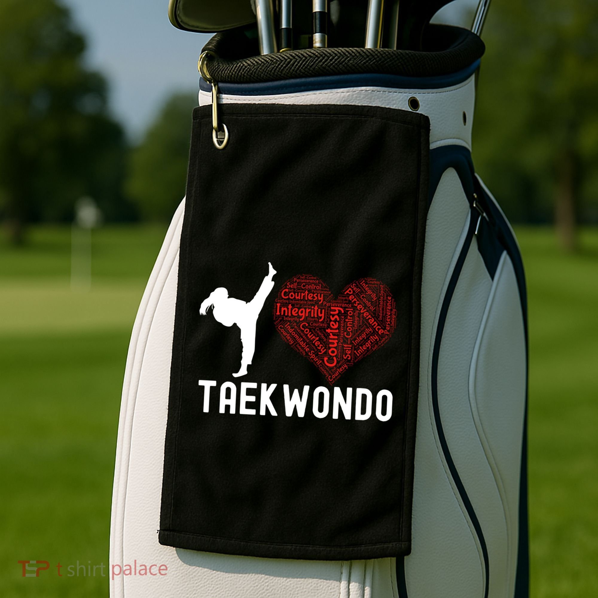 I Love Taekwondo Black Belt Funny Gift Golf Towel